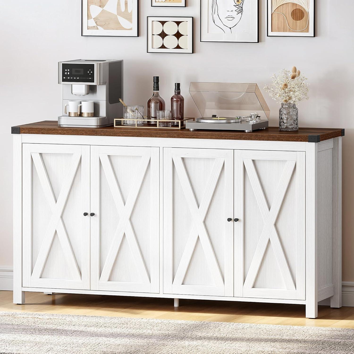 55'' Sideboard Buffet Cabinet with Storage, Farmhouse Kitchen Storage Cabinet with 4 Doors, Large Wood Coffee Bar Cabinet with Adjustable Shelfs for Kitchen, Living Room, White Brown