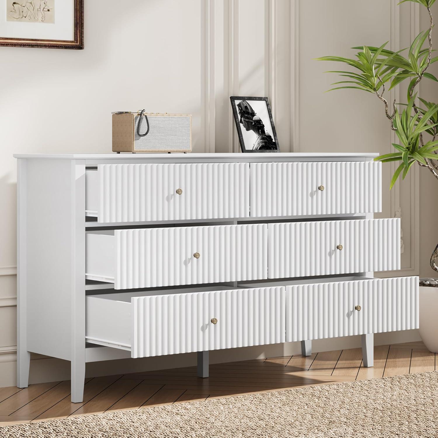 RoyalCraft White Fluted 6 Drawer Dresser for Bedroom, Modern Chest of Drawers, Wood Dresser for Storage Clothes, Wooden Storage Cabinet for Bedroom, Hallway, Living Room, Entryway