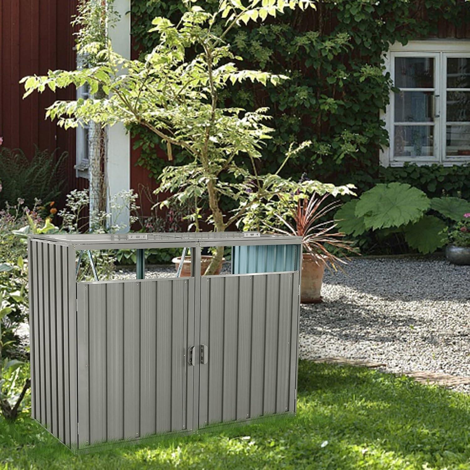 KAQCVIN Garbage Bin Shed Stores 2 Trash Cans Metal Outdoor Bin Shed