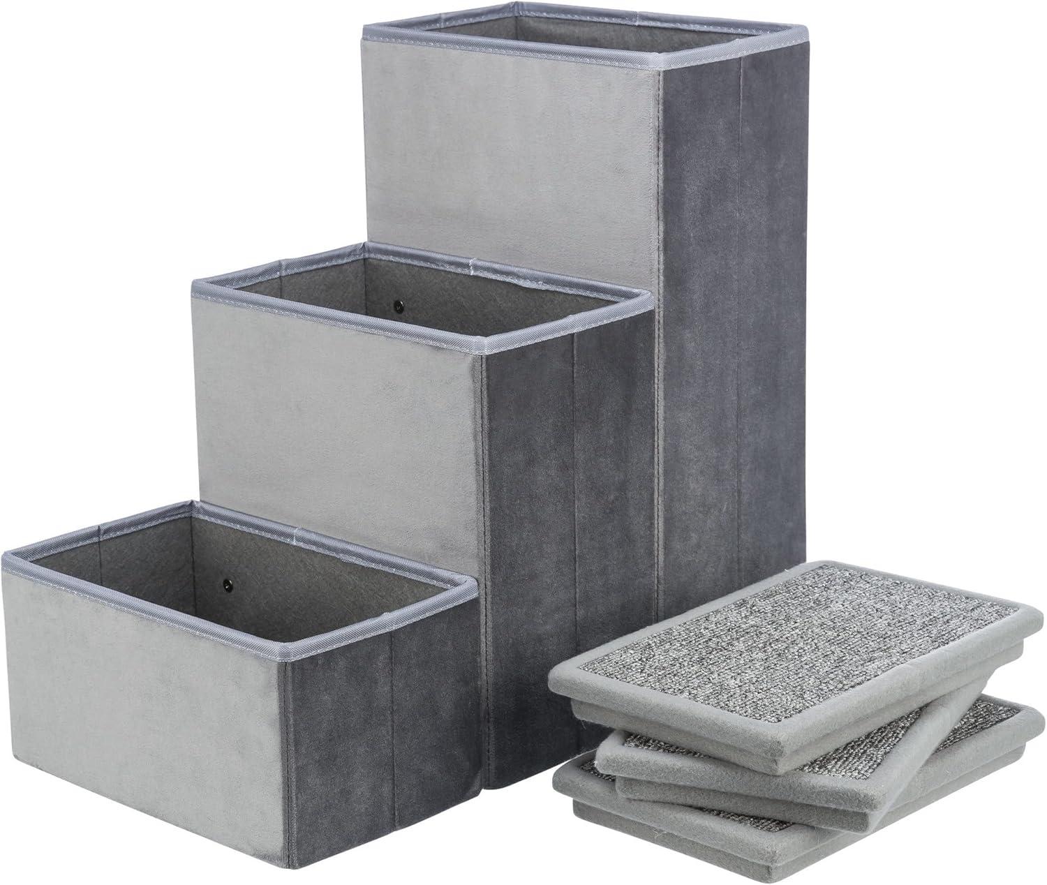 Gray Velour 3-Step Pet Stairs with Storage Compartments