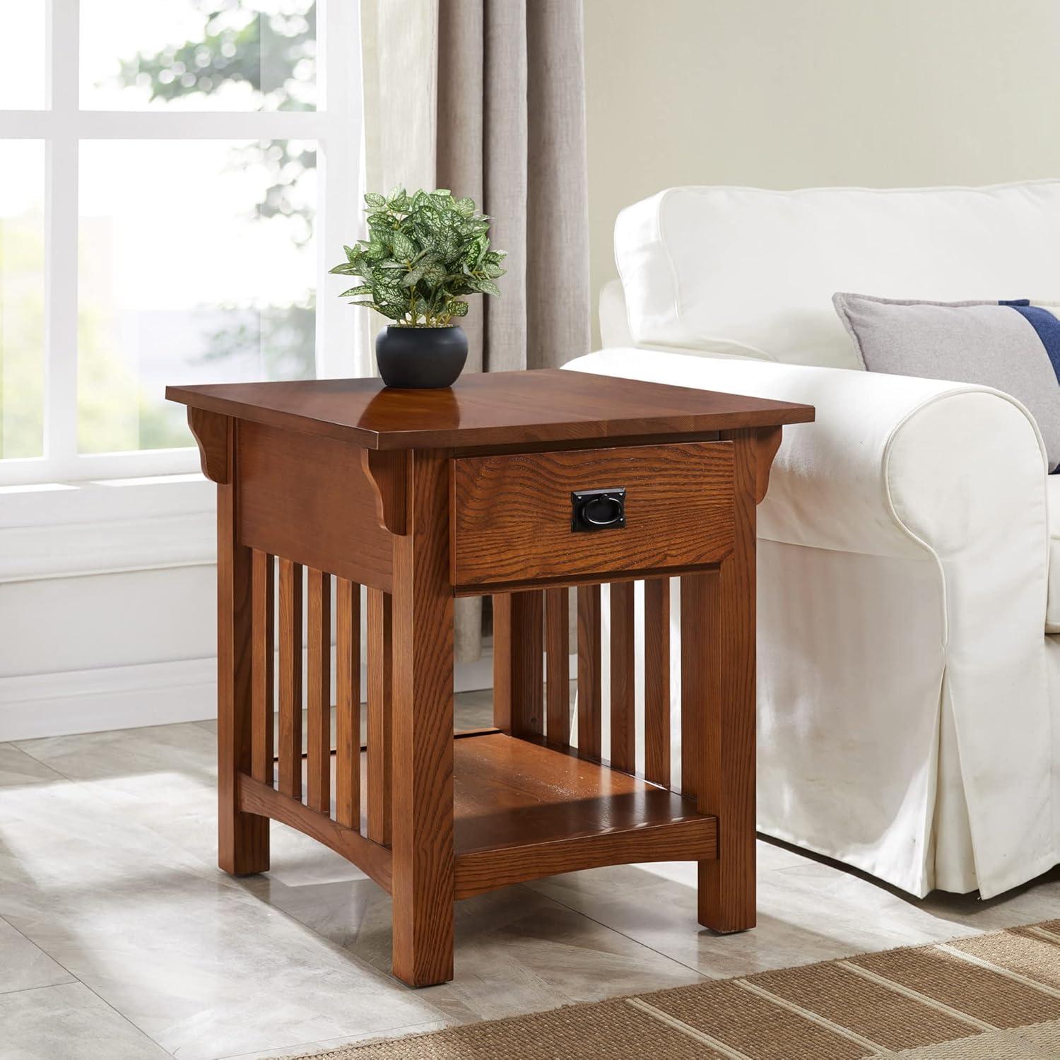 Medium Oak Wood Rectangular End Table with Storage