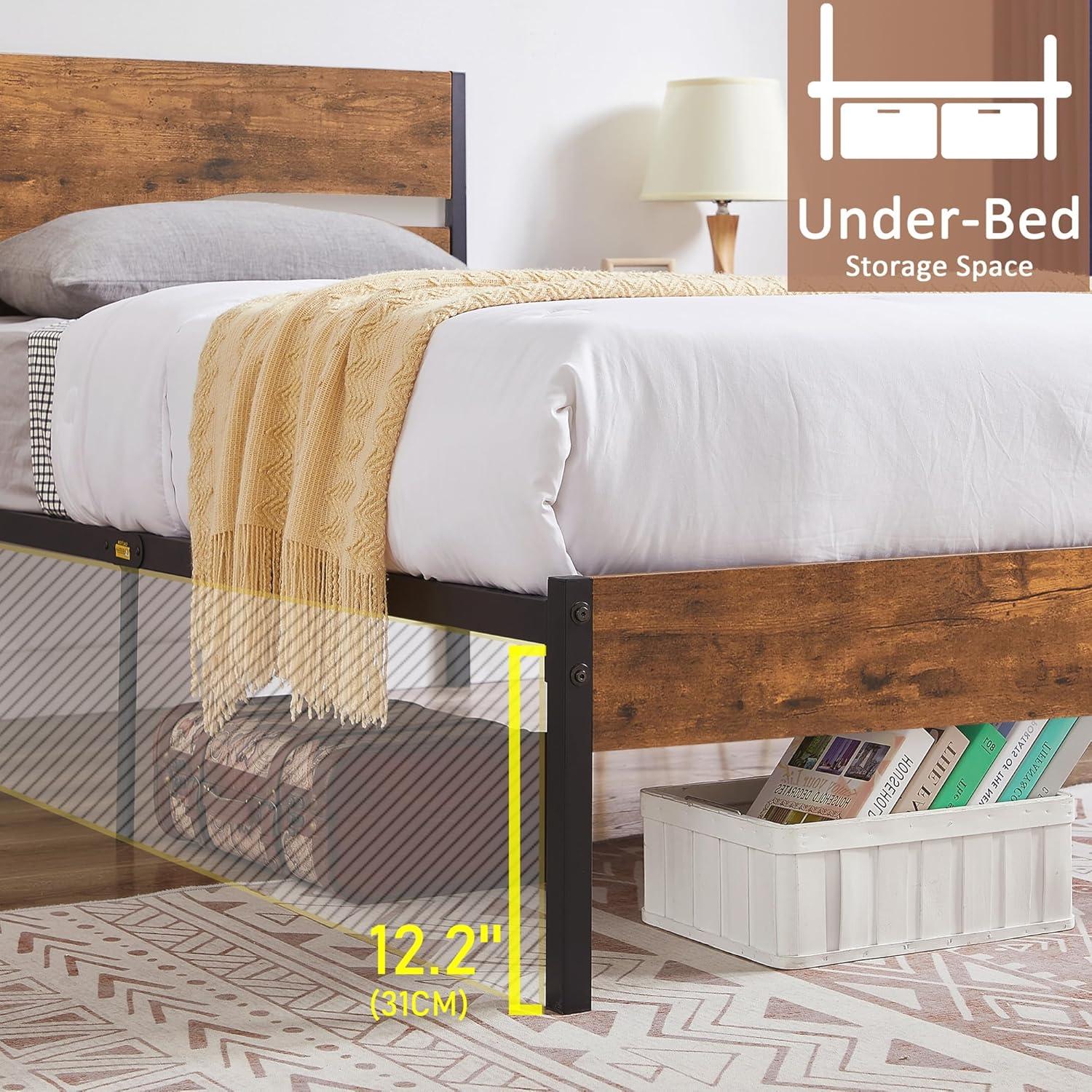 VECELO Platform Bed Frame Twin Size with Rustic Vintage Wood Headboard, Strong Metal Slats Support, No Box Spring Needed