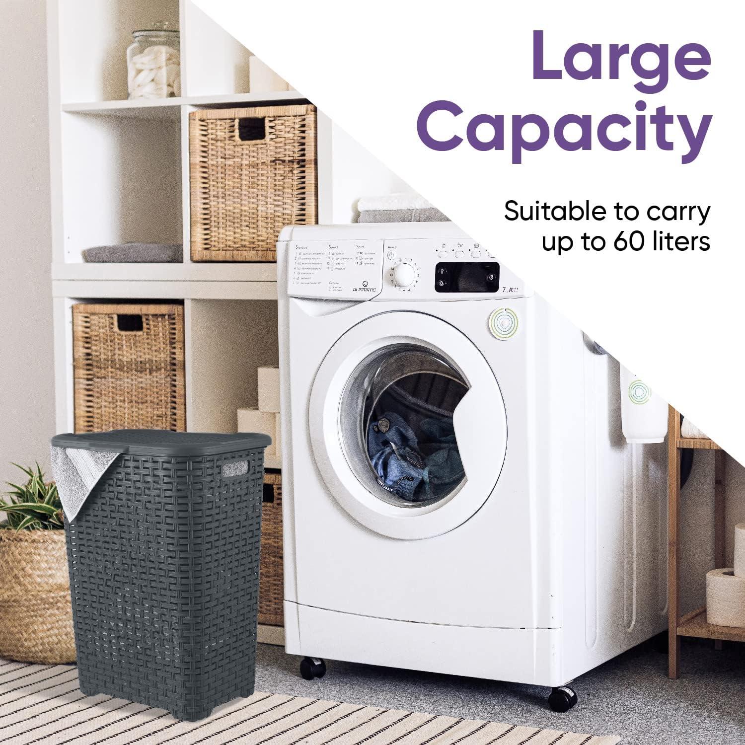 Gray Wicker Upright Hamper with Hinged Lid