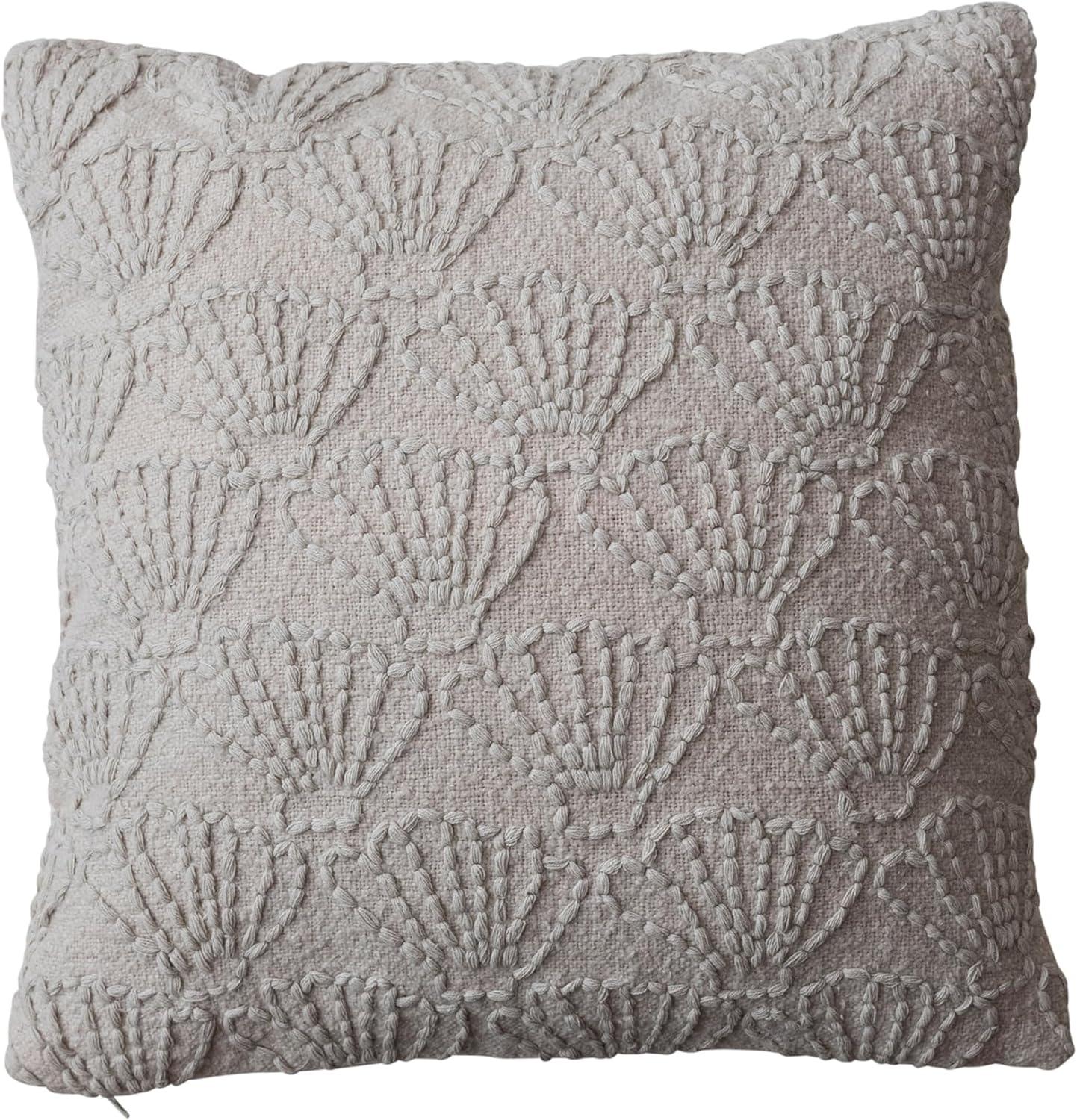 Natural Hand-Embroidered Cotton Linen Seashell Square Pillow