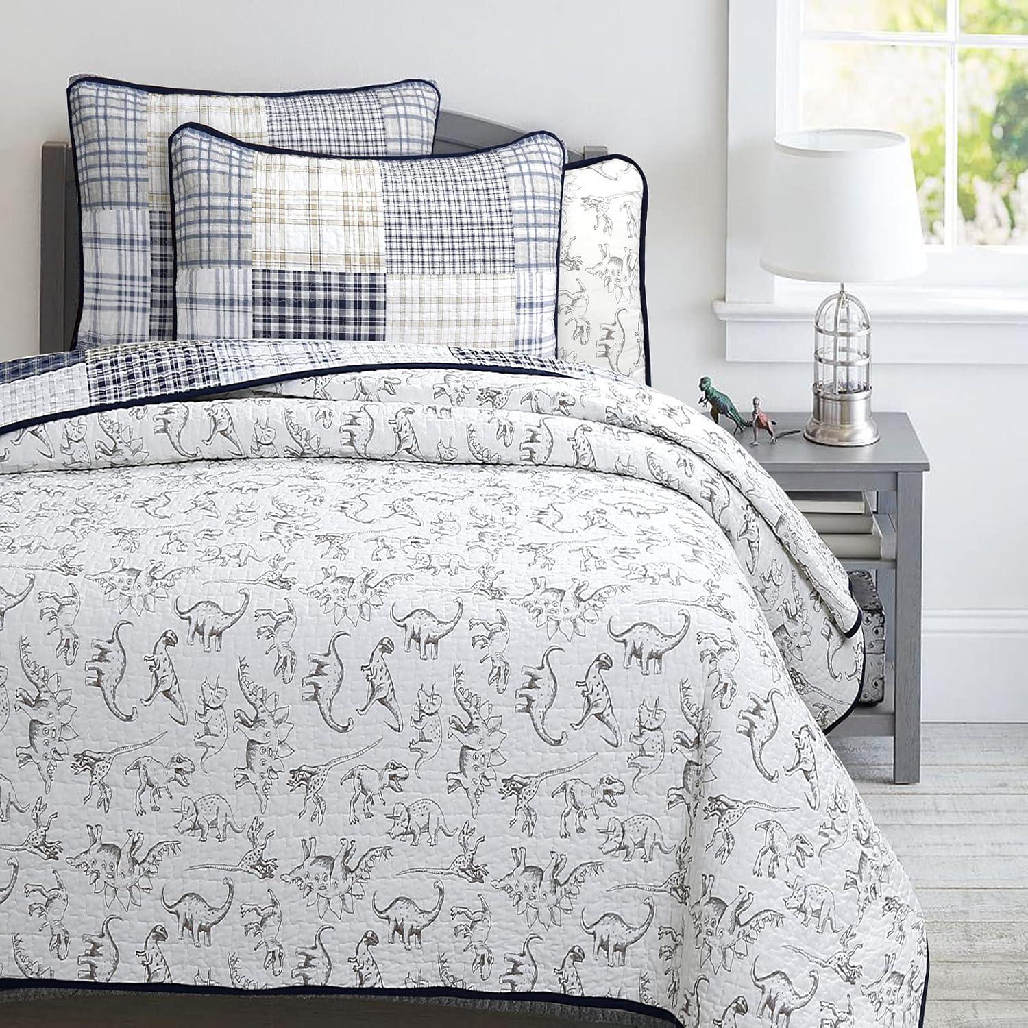Cozy Line Benjamin Cute Dinosaur Navy Blue White Grey Plaid cotton Quilt, Twin - Reversible