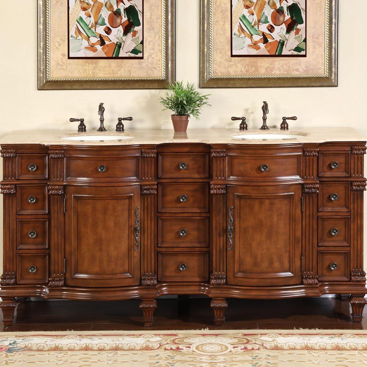 Traditional Rosewood Double Sink Bathroom Vanity with Travertine Top