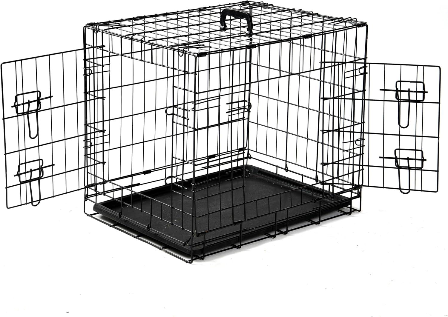 24-Inch Foldable Metal Wire Dog Crate, Collapsible Double Door Dog Crate with Removable Leak-Proof Pan, Divider Dogs Crate with Handle, Black