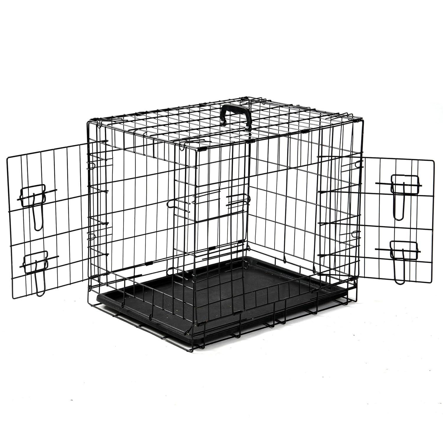 24-Inch Foldable Metal Wire Dog Crate, Collapsible Double Door Dog Crate with Removable Leak-Proof Pan, Divider Dogs Crate with Handle, Black