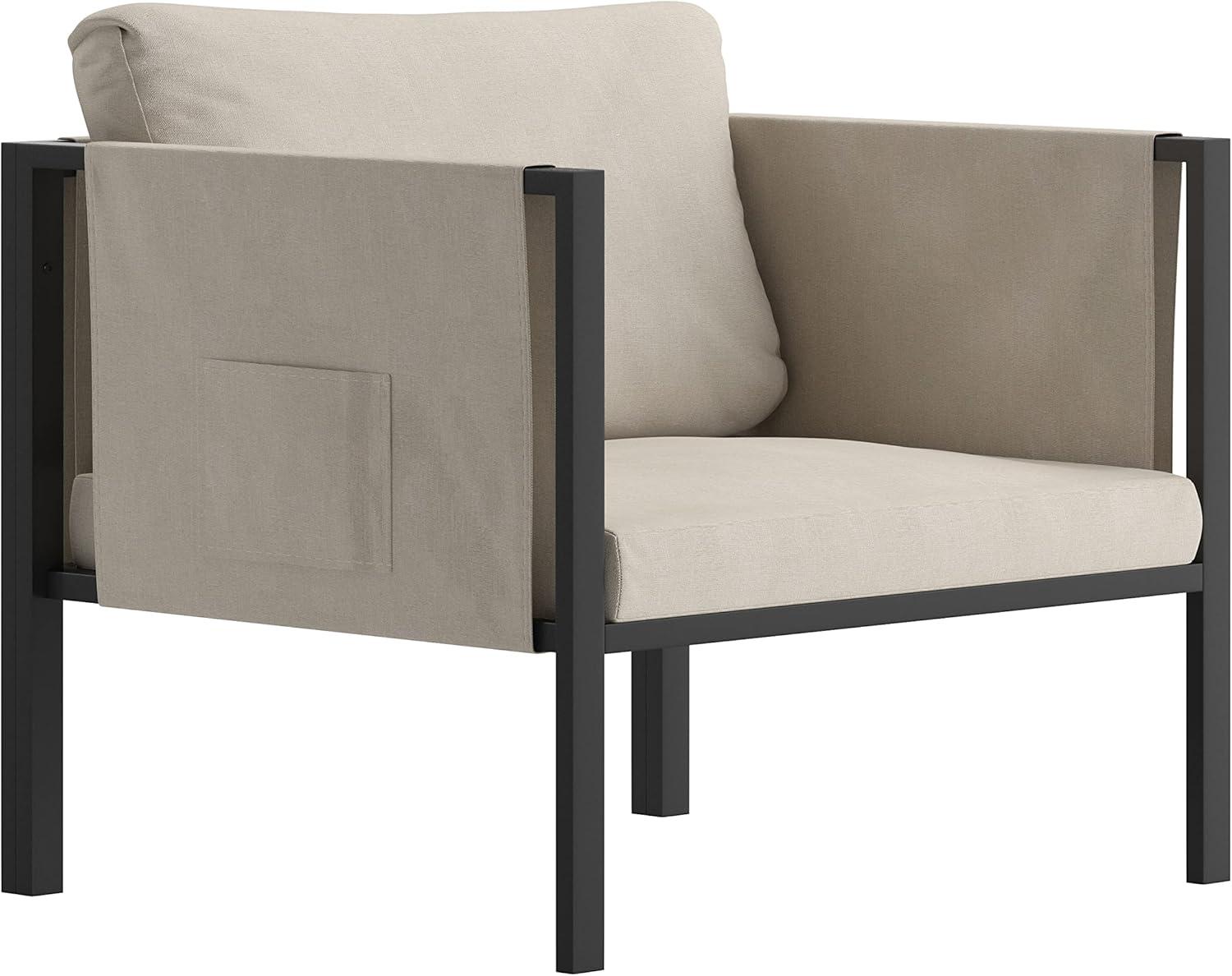 Flash Furniture Lea Indoor/Outdoor Patio Chair with Cushions - Modern Steel Framed Chair with Storage Pockets, Black with Beige Cushions