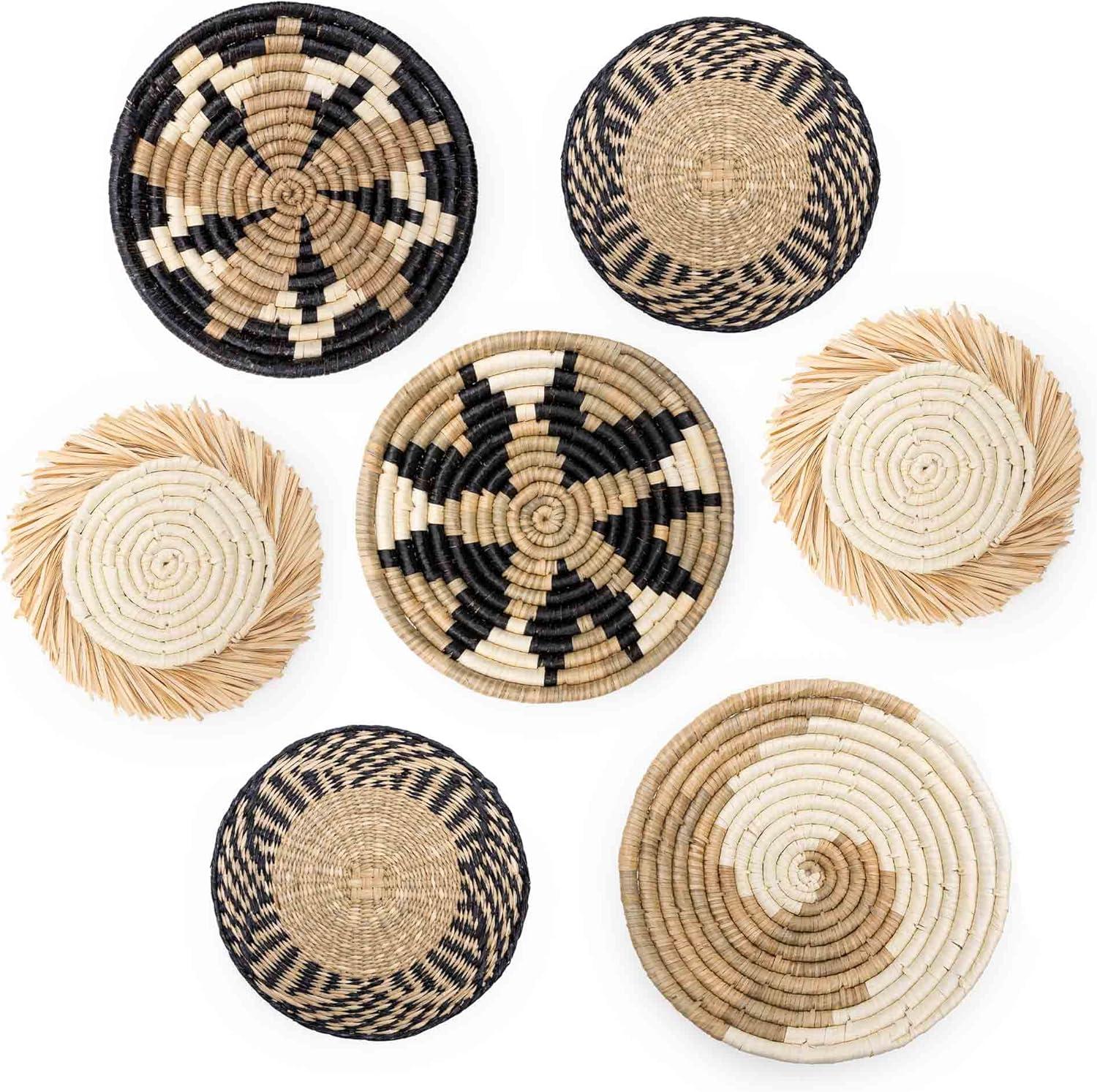 Hanging Woven Wall Basket Set - 7 Unique Handcrafted Seagrass Baskets for Boho, Farmhouse & Rustic Wall Decor, Table Settings & More - Ready to Hang with Nails & Marking Pencil Included
