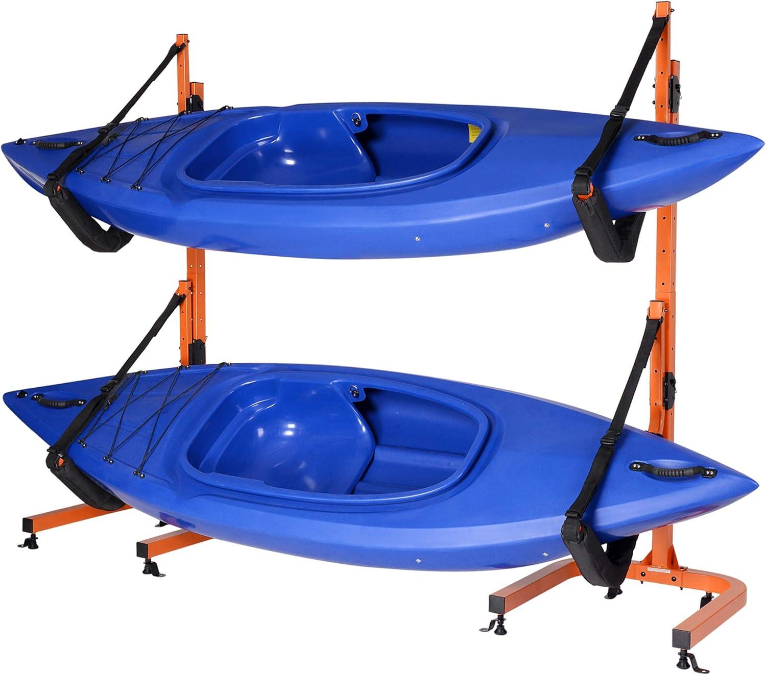 Rad Sportz Kayak Storage Rack - Portable Folding Boat Stands for Garage, Shed, or Dock -Freestanding Kayak Stands with Padded Arms and Adjustable Straps - Holds 2 Canoes, SUP, or Paddleboards, Orange