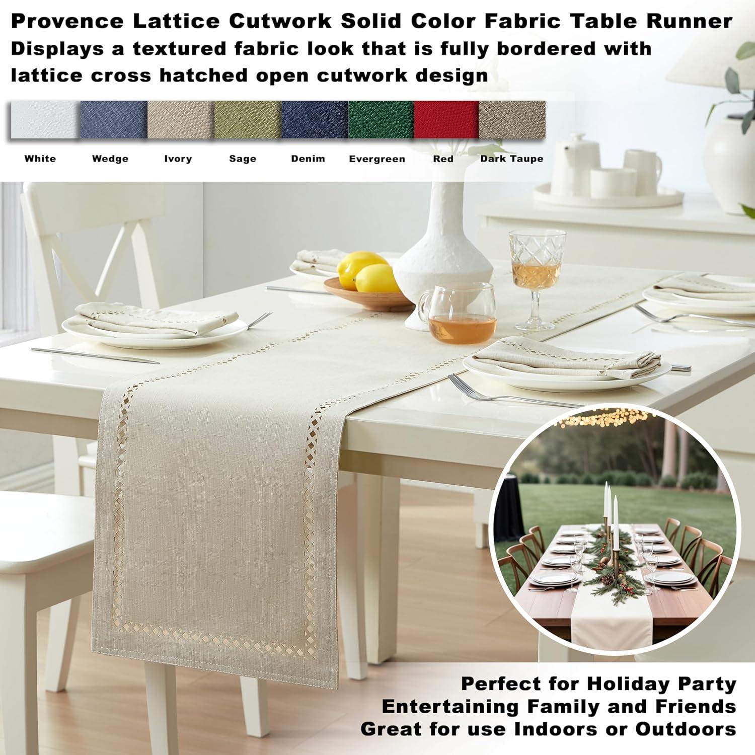 Newbridge Provence Lattice Cutwork Solid Color Textured Fabric Table Runner, 70 Inch Long, Ivory