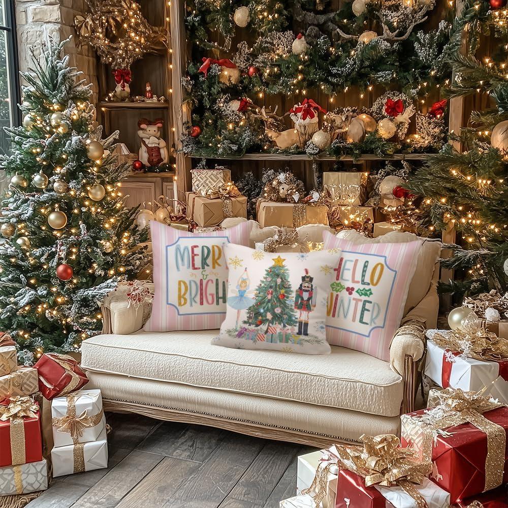 Pink Christmas Pillow Covers 18 x 18 Inch Set of 4 Striped Christmas Decorations Pink Christmas Tree Santa Claus Farmhouse Holiday Hello Winter Let it Snow Throw Pillows Cushion Case for Sofa Couch