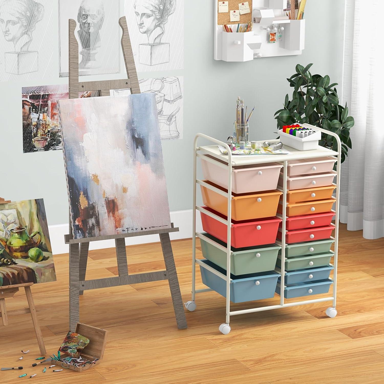 Multicolor 15-Drawer Rolling Storage Cart with Metal Frame