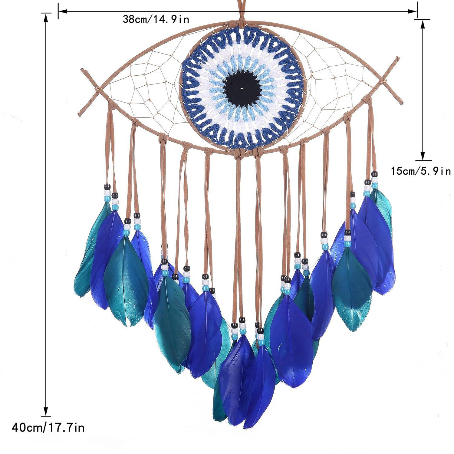 Handmade Blue Evil Eye Dream Catcher with Feathers