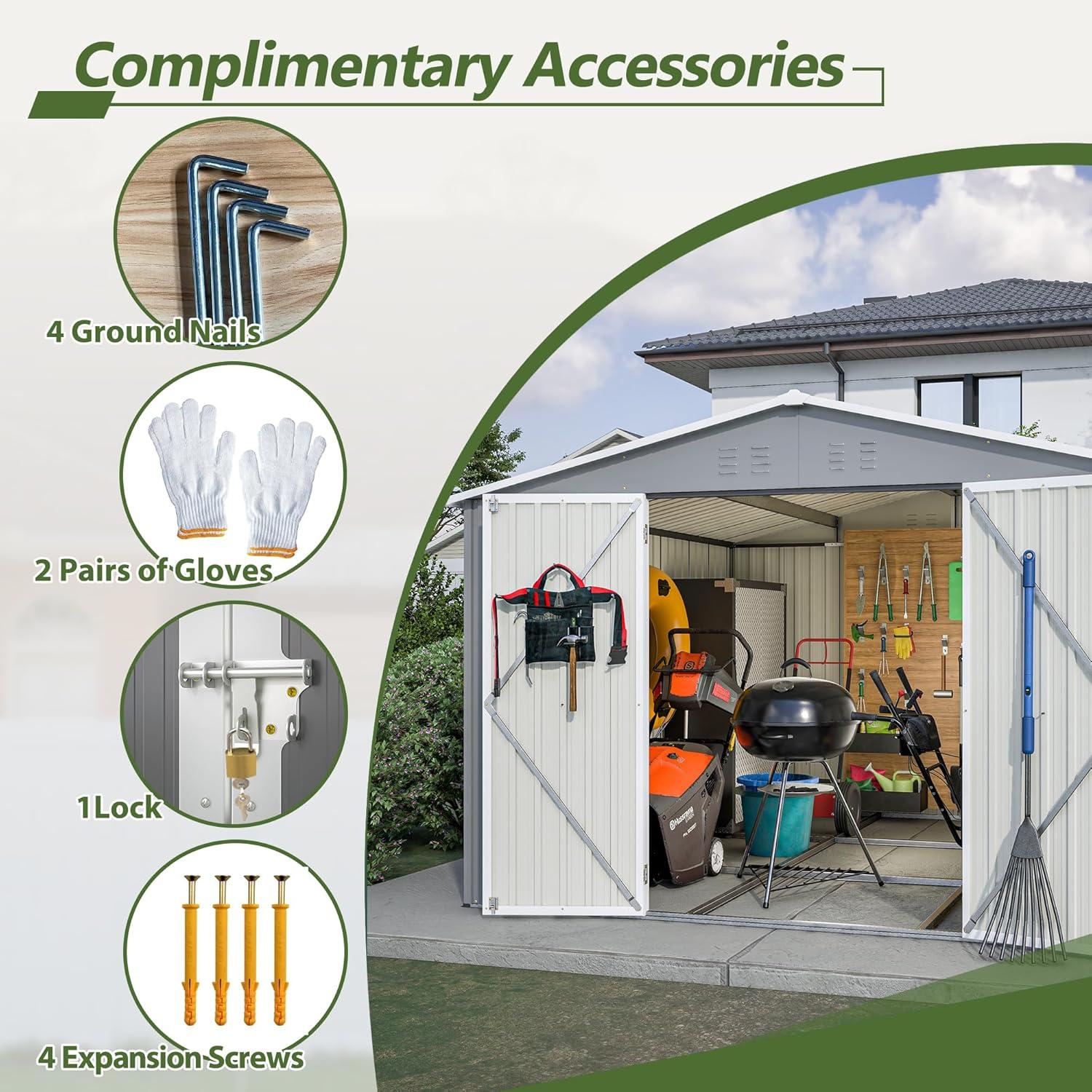 LZBEITEM 10 x 10 ft Outdoor Storage Shed with Floor Frame Kit, Galvanized Steel Garden Sheds, Garden Tool Shed with Double Lockable Doors for Backyard Patio Lawn, Grey