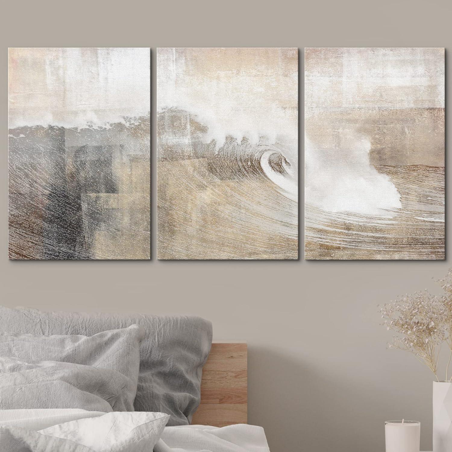 Gray and Tan Abstract Ocean Wave Canvas Art Set