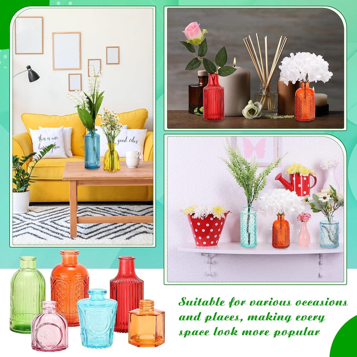 Yaomiao 30 Pcs Vases Bulk Colored Flower Glass Vases Bud Vintage Colored Glass Bottles Colorful Rustic Embossed for Home Wedding Table Decorations Gifts (Bright Color)