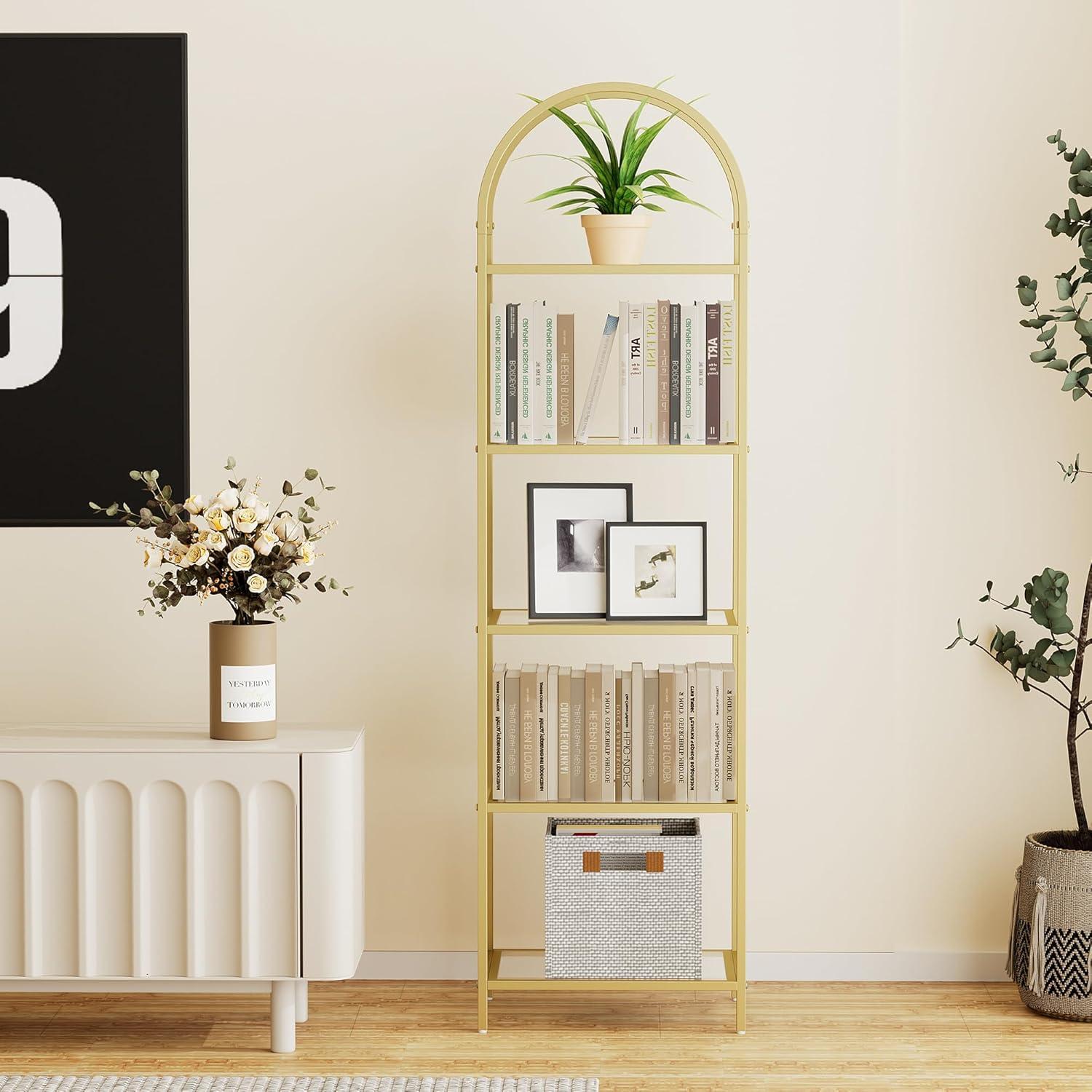 5 Tier Gold Bookshelf, Modern Storage Organizer Shelf, Metal Bookcase Stand for Office, Bedroom Kitchen Living Room