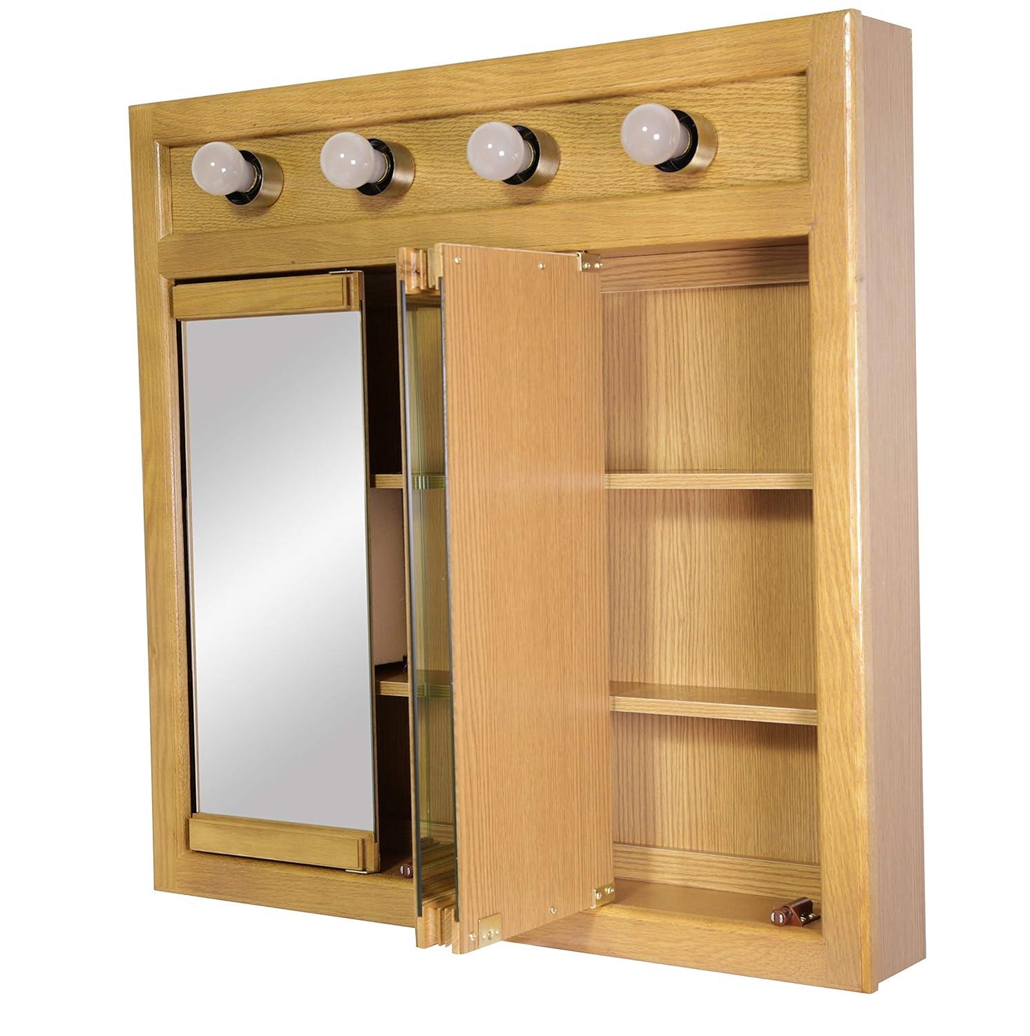 Design House 30" Wall Mounted 4-Light Tri-View Mirrored Bathroom Cabinet, Nutmeg Oak
