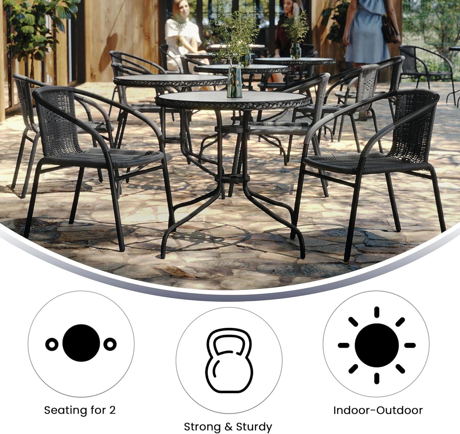 Flash Furniture Lila 28'' Round Glass Metal Table with Gray Rattan Edging and 2 Gray Rattan Stack Chairs