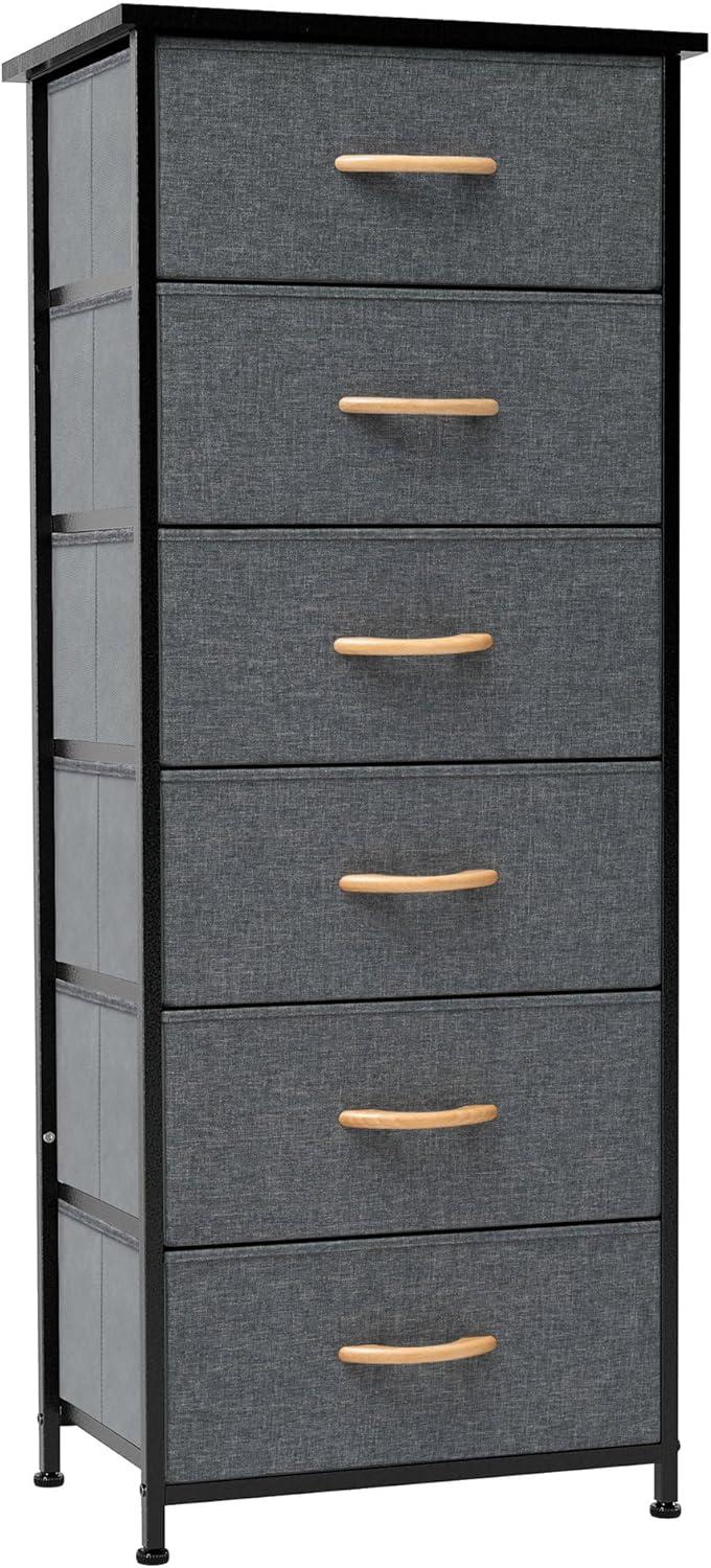 Gray Vertical 6-Drawer Fabric and Wood Storage Tower