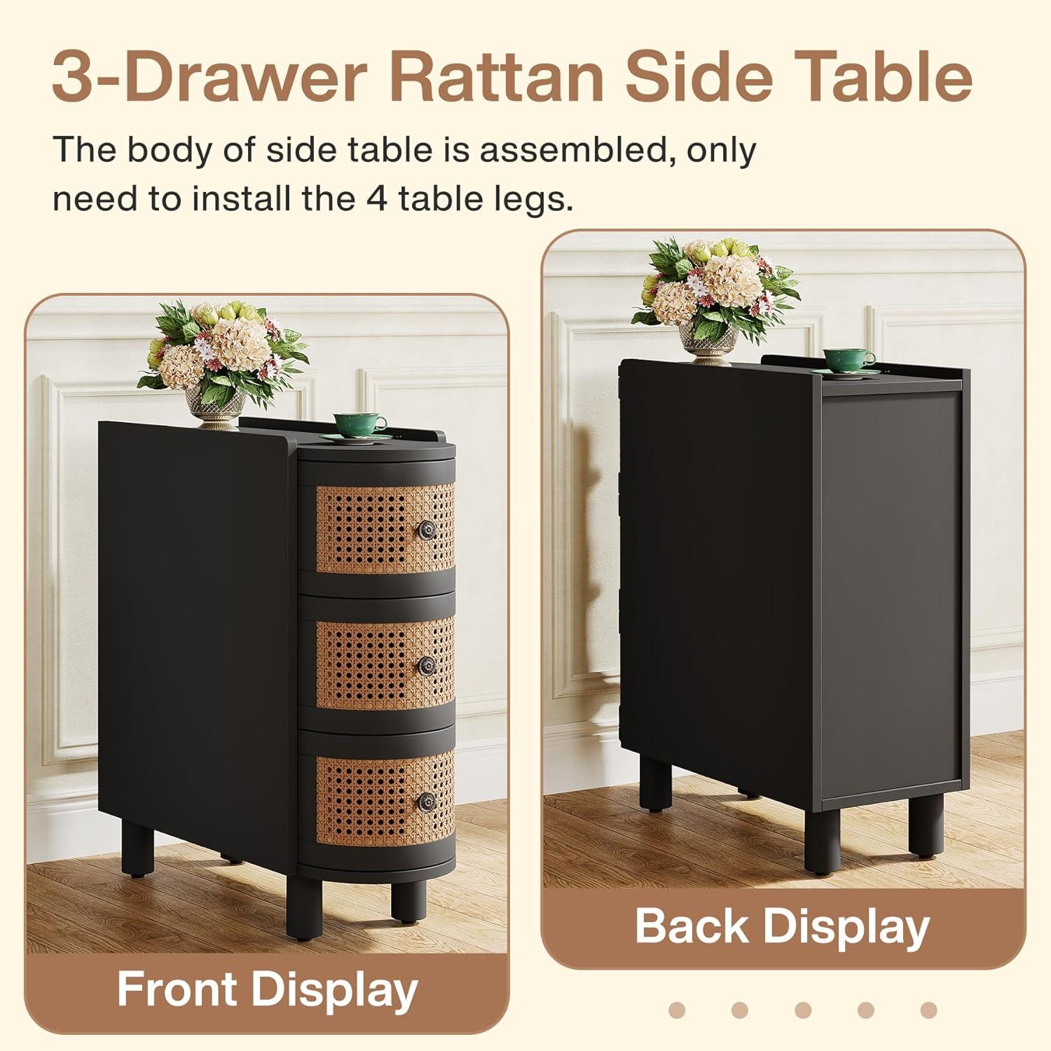 Canddidliike Wood End Table, 3-Drawer Side Table NightStand with 3 Rattan Drawers, End Table for Bedroom, Black