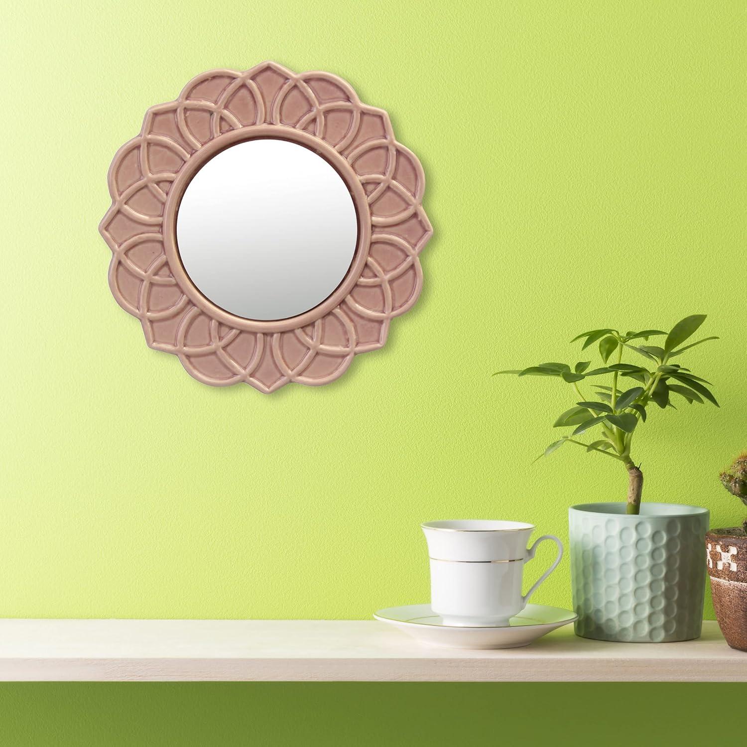 Stonebriar Collection 9" Round Floral Ceramic Wall Hanging Mirror Pink : Modern Decorative