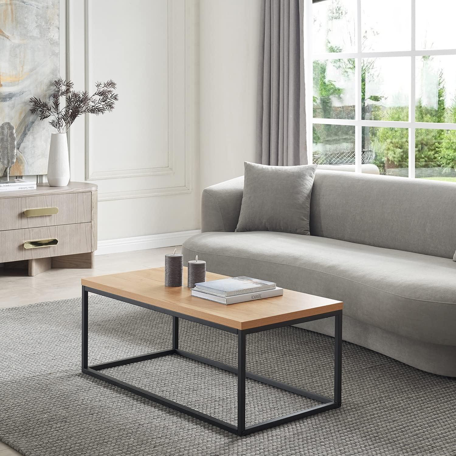 Natural Oak and Black Metal Rectangular Coffee Table