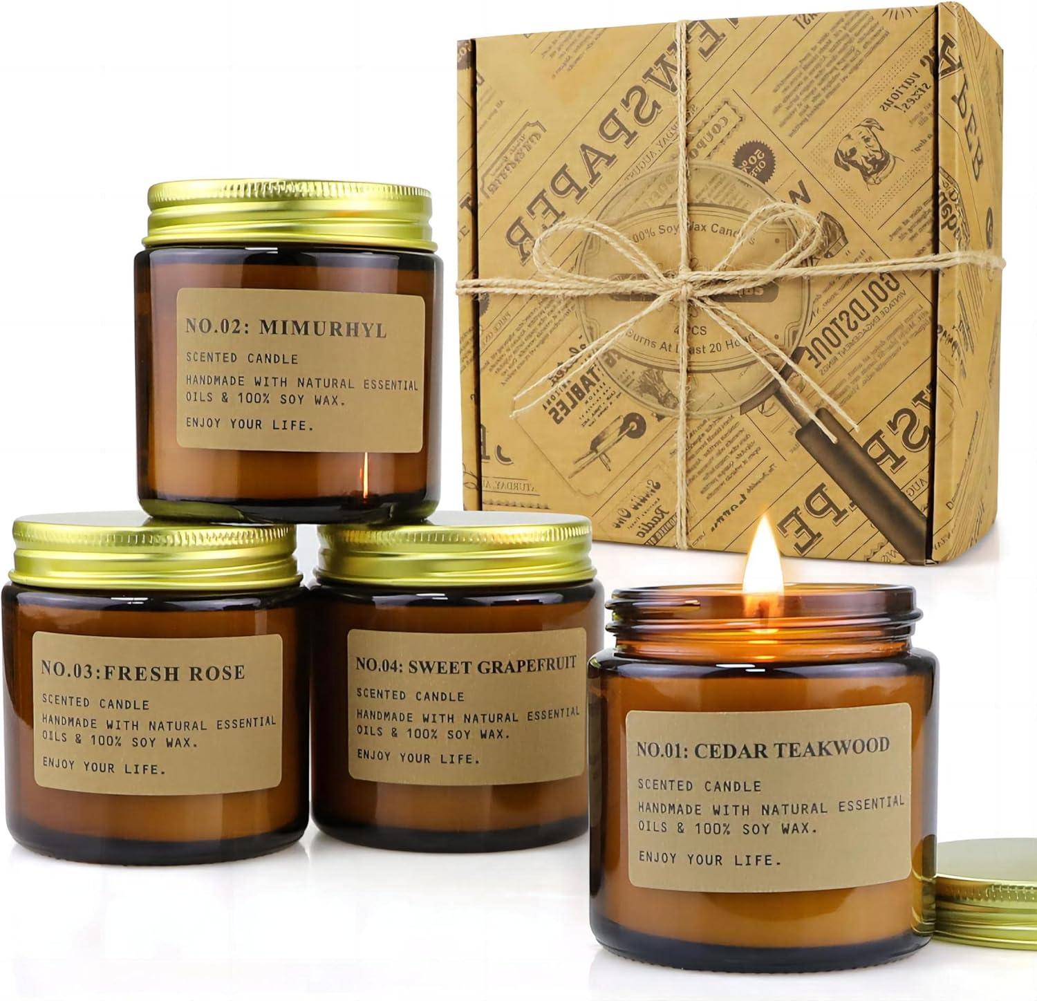 YFYTRE 4 Pack Scented Candle Set Soy Wax, Aromatherapy Candles for Home Decoration, Jar Candles Gift for Women with Amber Glass Jars and Kraft Wrapping
