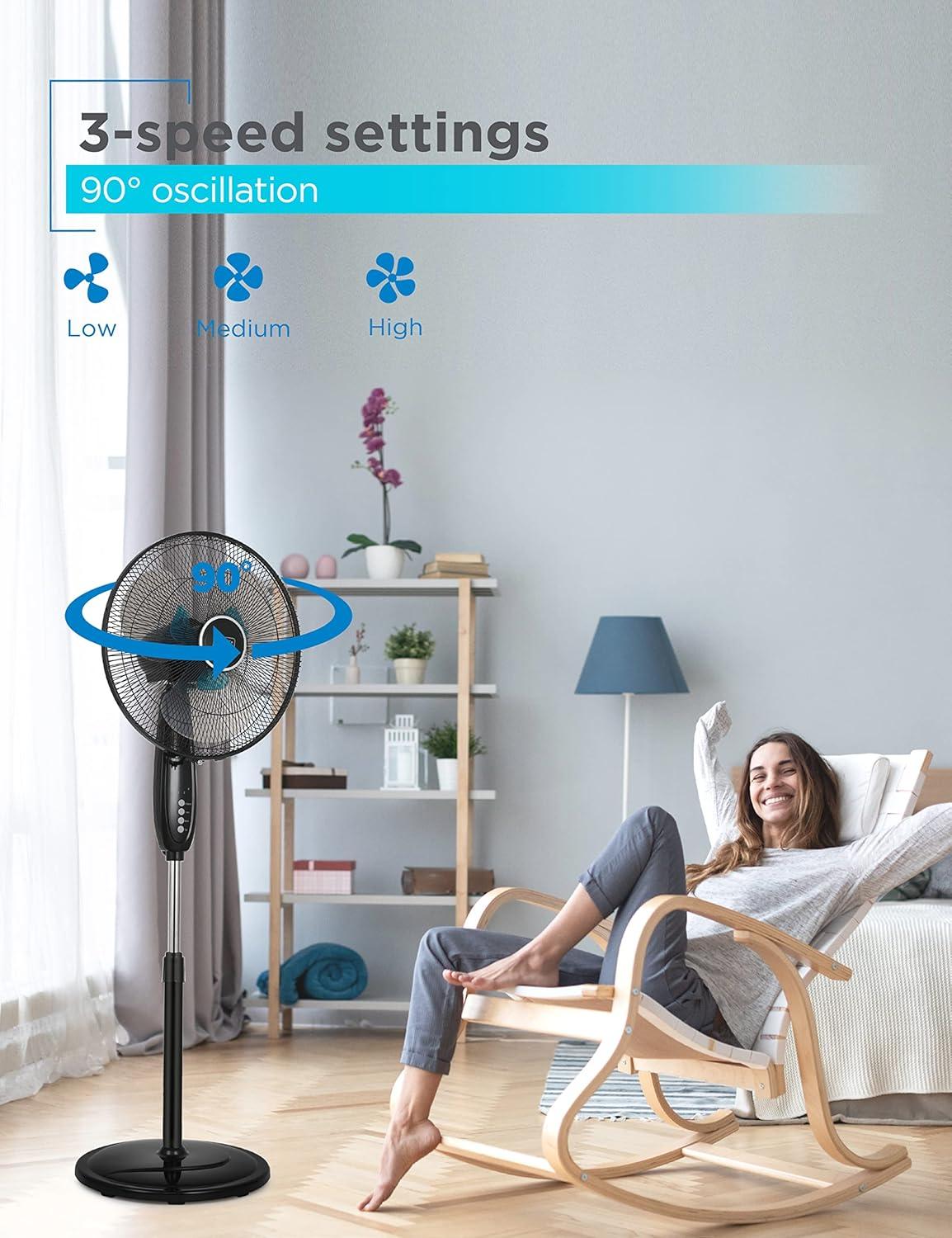 BLACK+DECKER 3-Speed 60-Watt 16-In. Dual-Blade Oscillating Stand Fan with Remote, BFSD116B