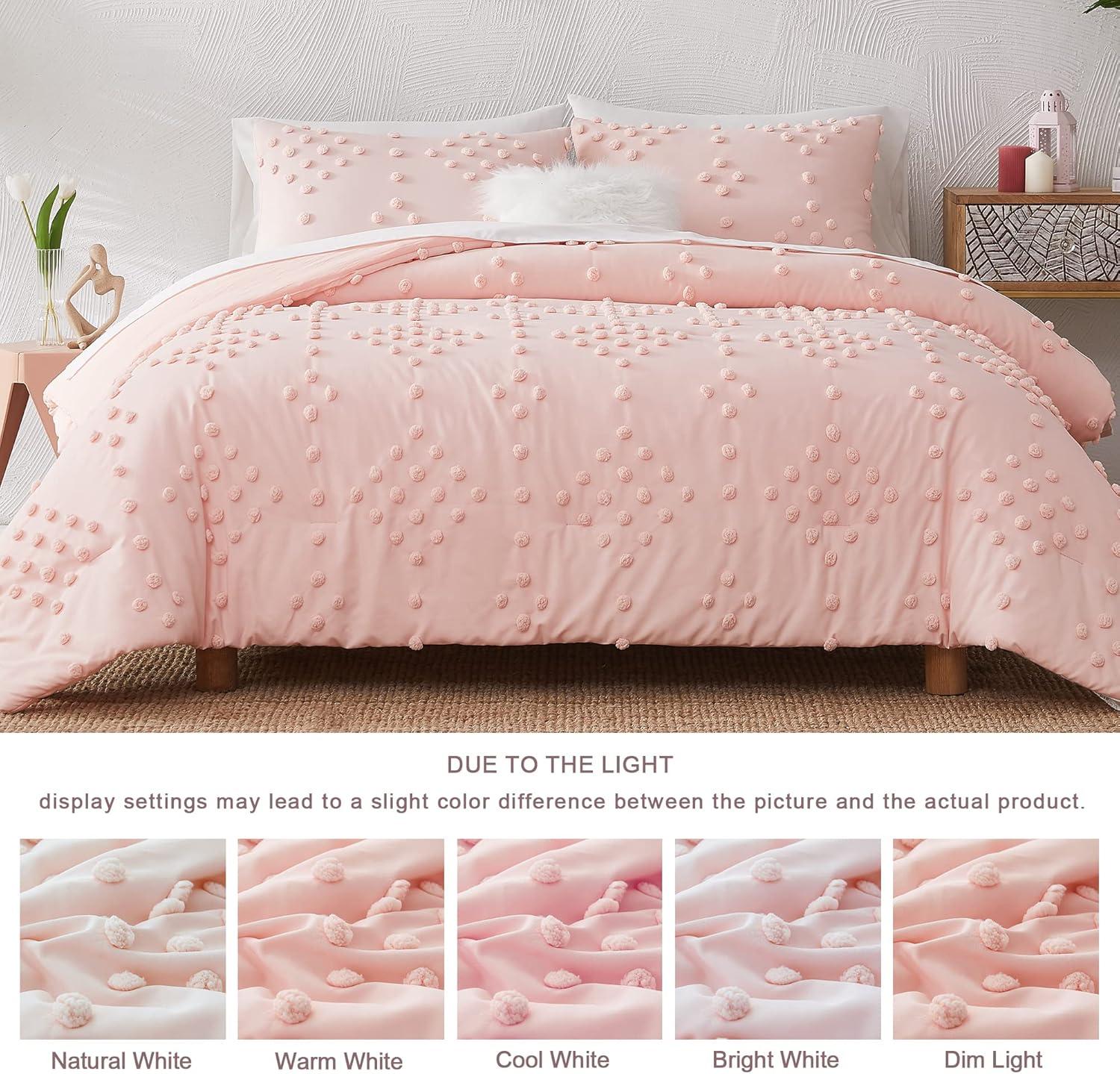 Pink Microfiber Queen Bed in a Bag Set with Pom Pom Tufted Design