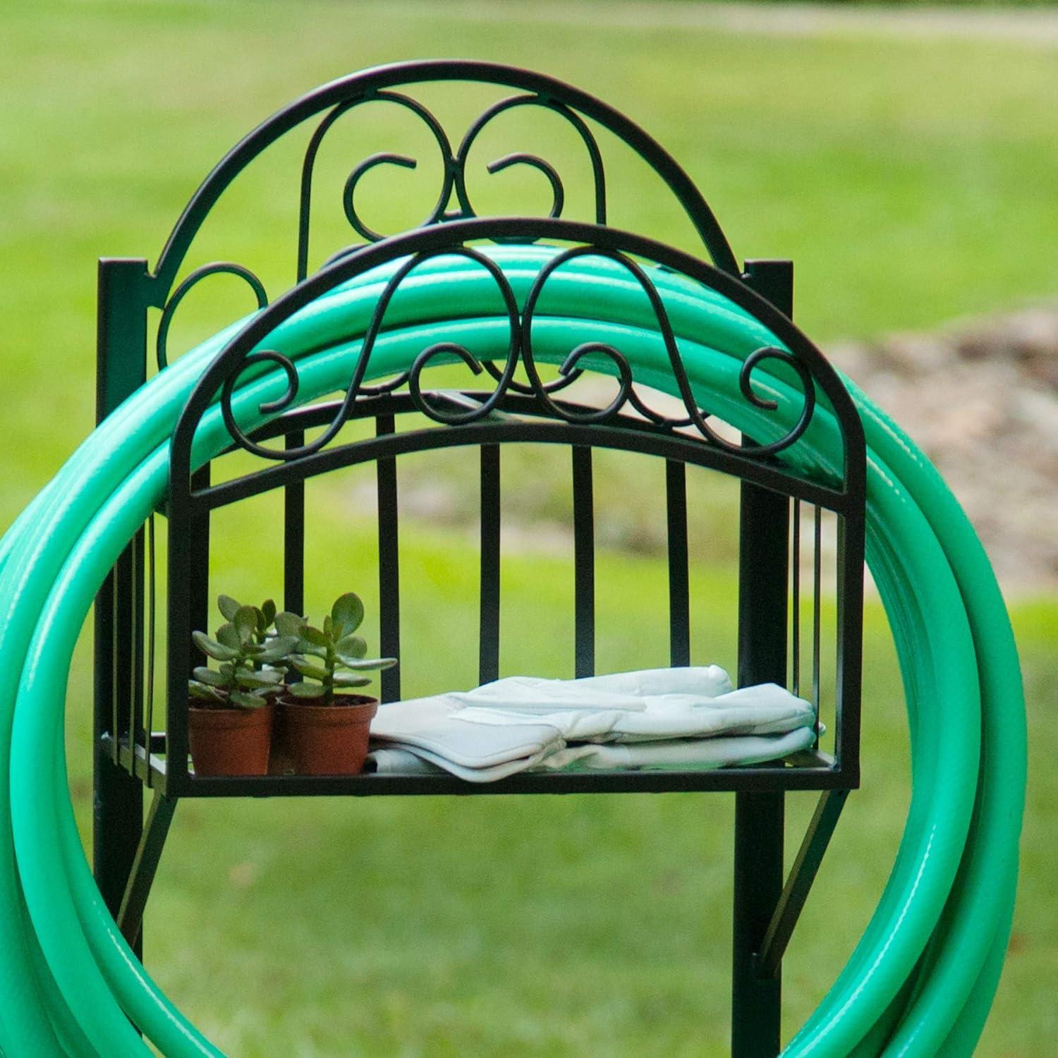 Black Decorative Steel Garden Hose Stand with Storage Shelf