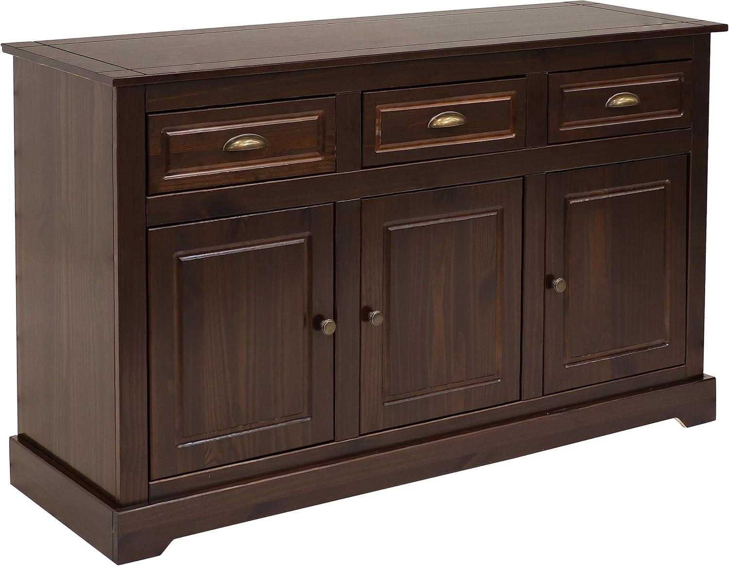 Sunnydaze Sideboard with 3 Drawers and 3 Doors - Solid Pine Construction - Dark Brown- 32"