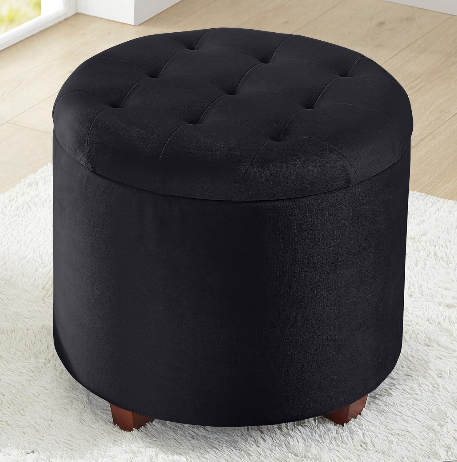 Donovan Round Tufted Velvet Black Storage Ottoman