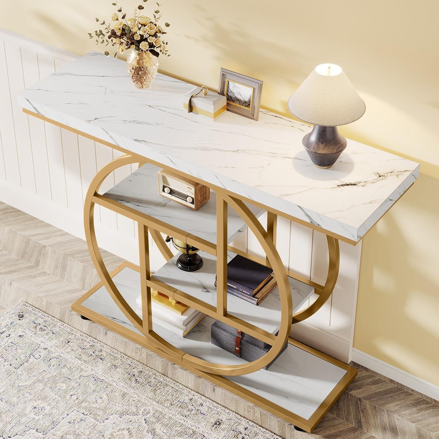 Tribesigns 41.3" Console Table, Industrial 4-Tier Sofa Entryway Table with Circle Base, Narrow Wood Accent Tables with Storage Shelves for Living Room, Hallway, Foyer, White Gold