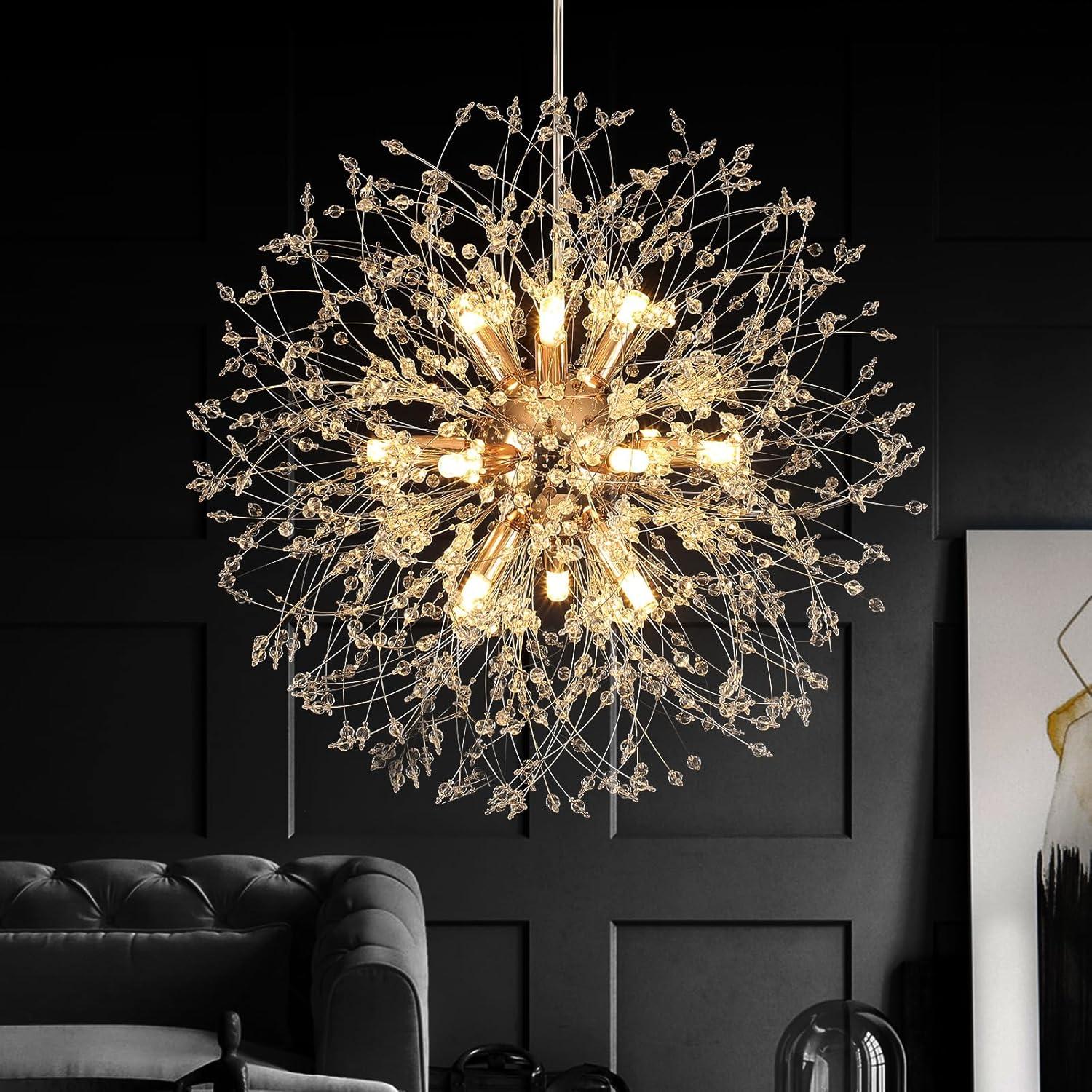 Mercer41 Modern Gold Crystal Chandelier With 12-Light Firework Design, Adjustable Dandelion Pendant Lighting For Dining Room, Living Room, Bedroom, Kitchen, And Hallway