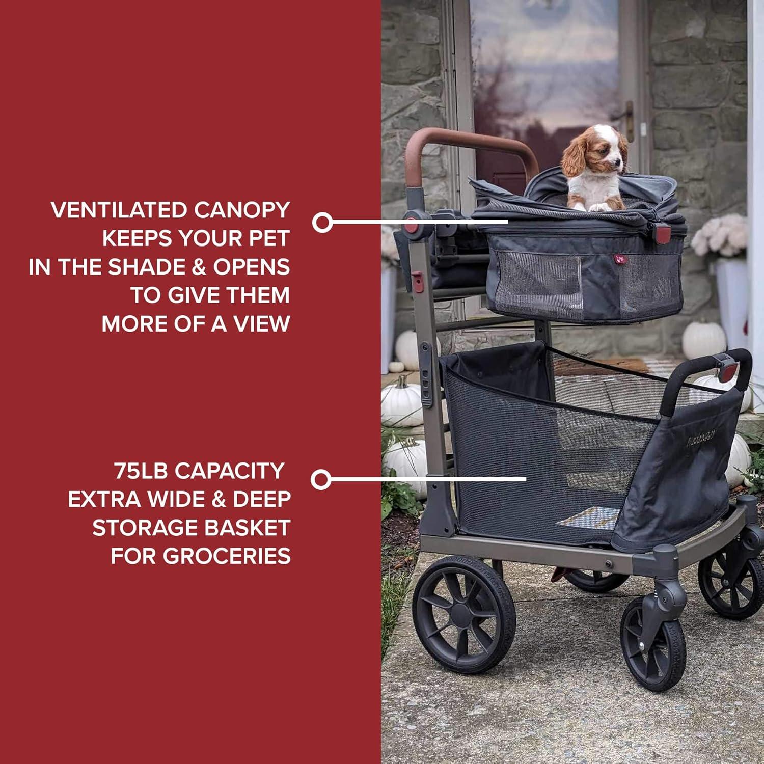 Wadabuggy Premium Pet Stroller, Cart, Pet Caddy, Compact Fold, Large Basket, 2 Drink Holders, Zipper Pocket, Adult, Gray