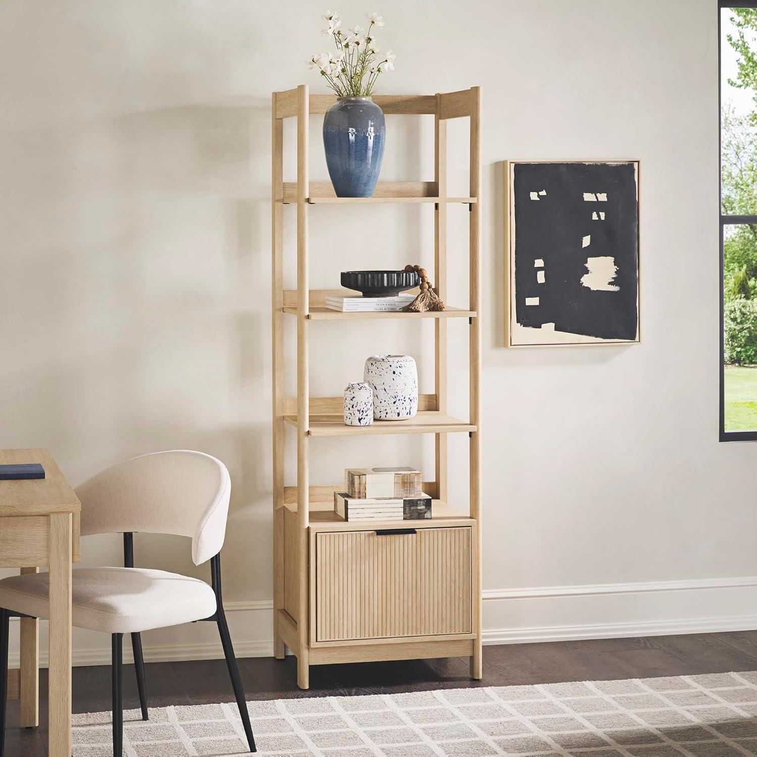 Coastal Oak Modern Reeded Bookshelf with Drawer