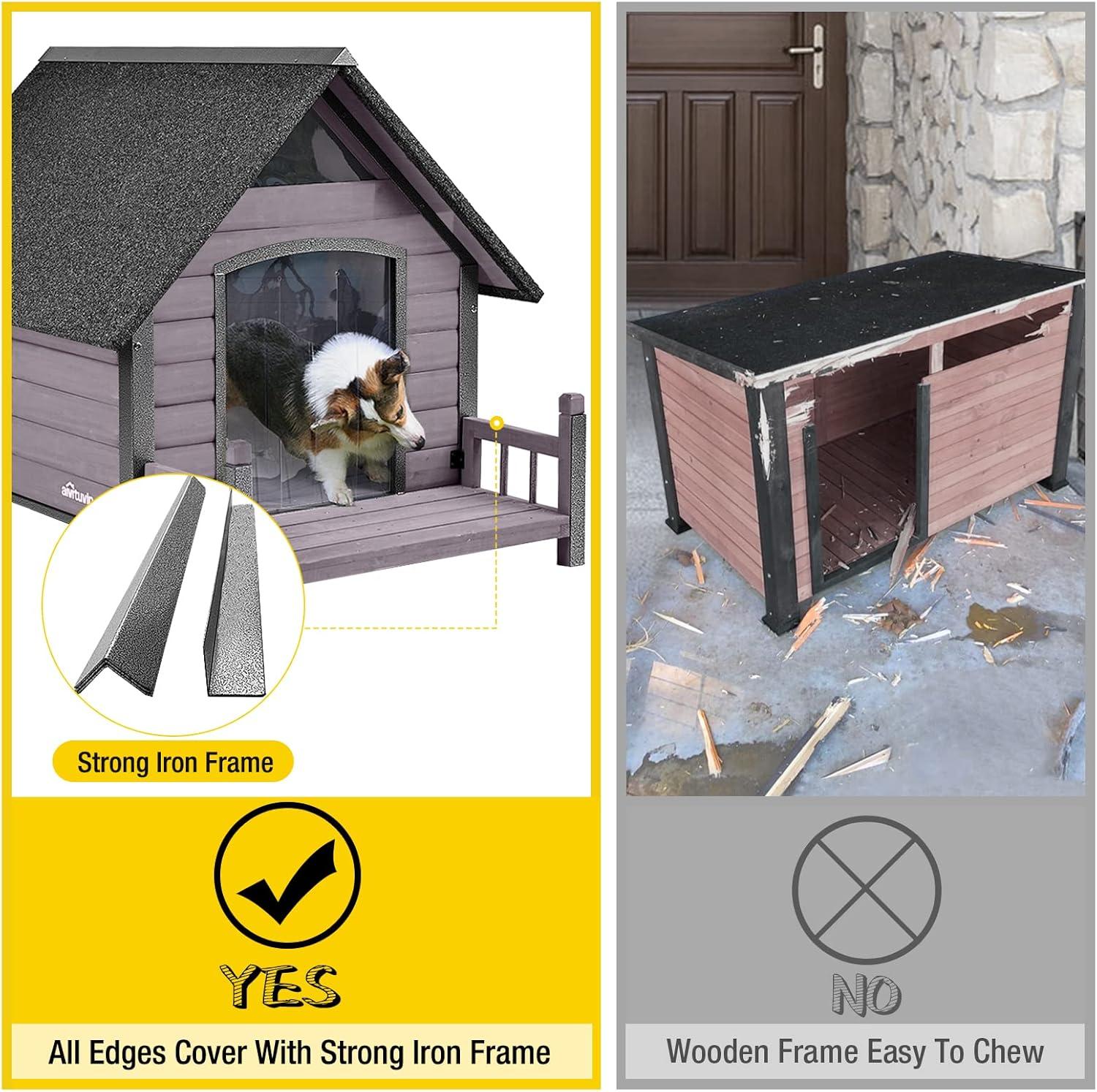 Gray Wooden Small Dog House with Metal Frame and Porch