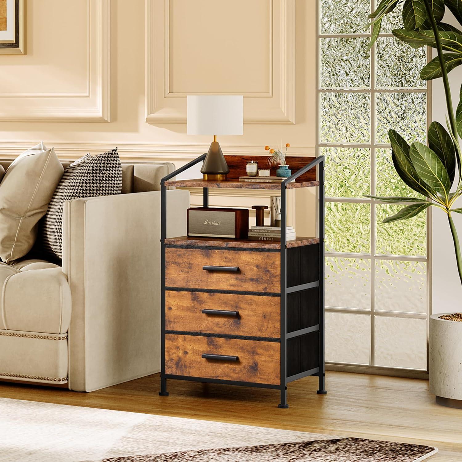 Nightstand Drawer Dresser, Vertical Side Table with Fabric Drawers 3-drawer