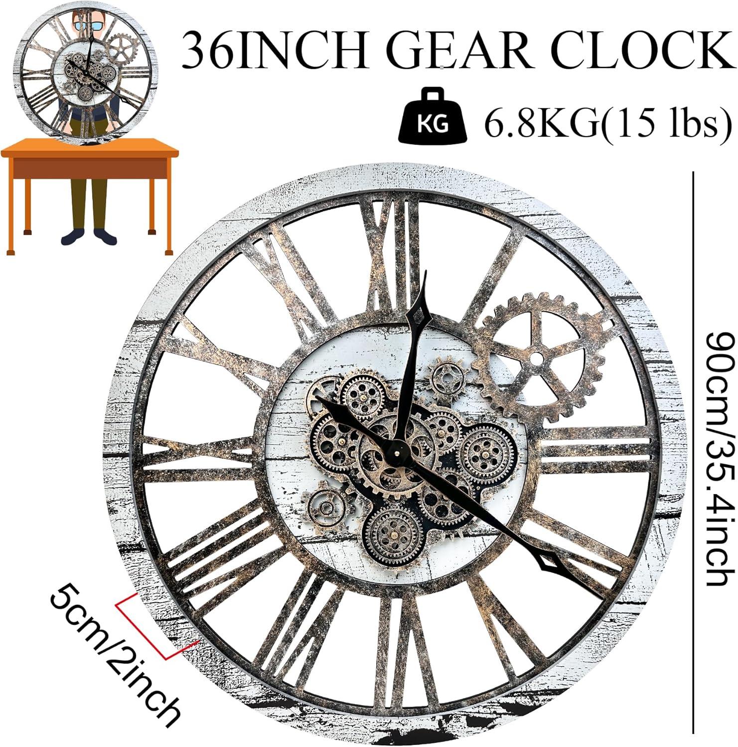 THE GEARS CLOCK Wall Clock with Real Moving Gears AM-LI_ 36 in Round White-Farmhouse