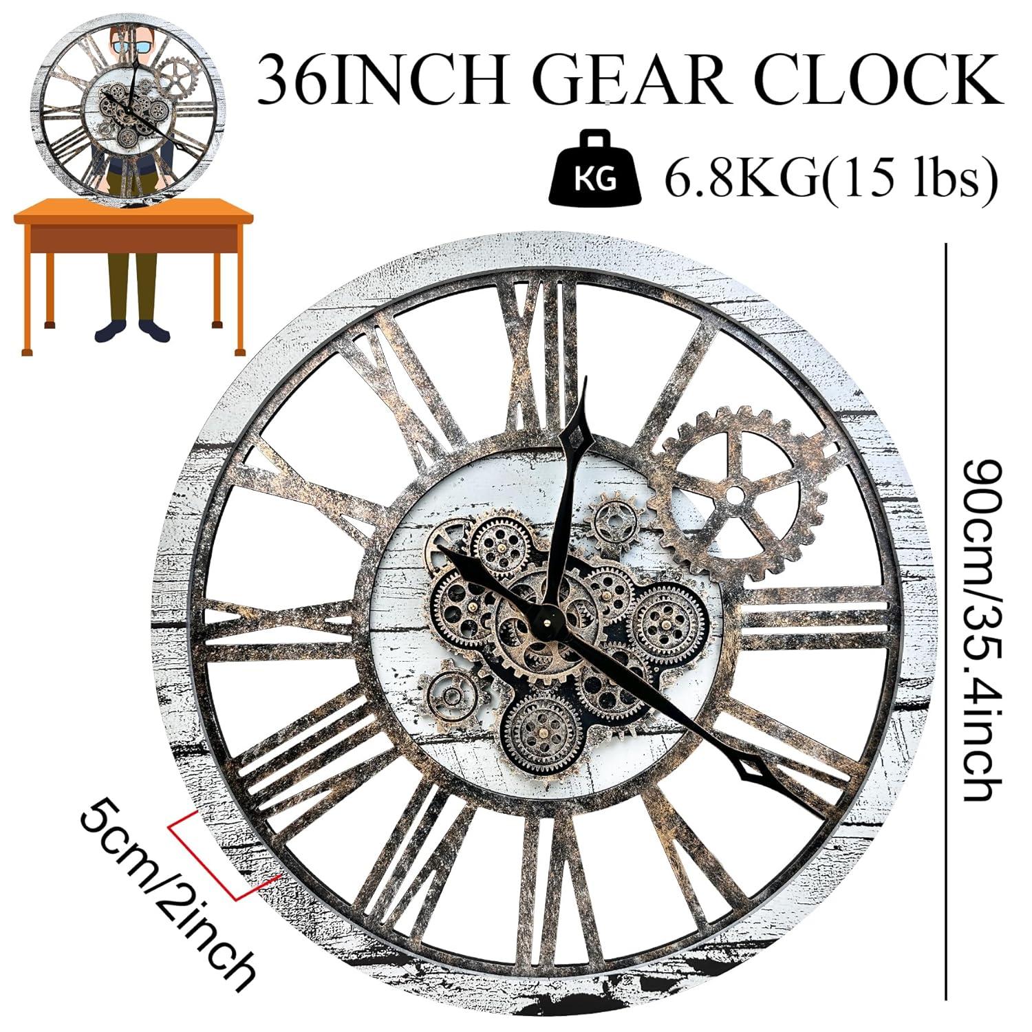 The Gears Clock Wall Clock 36" Round Oversized for Living Room decor with Real Moving Gears America Collection