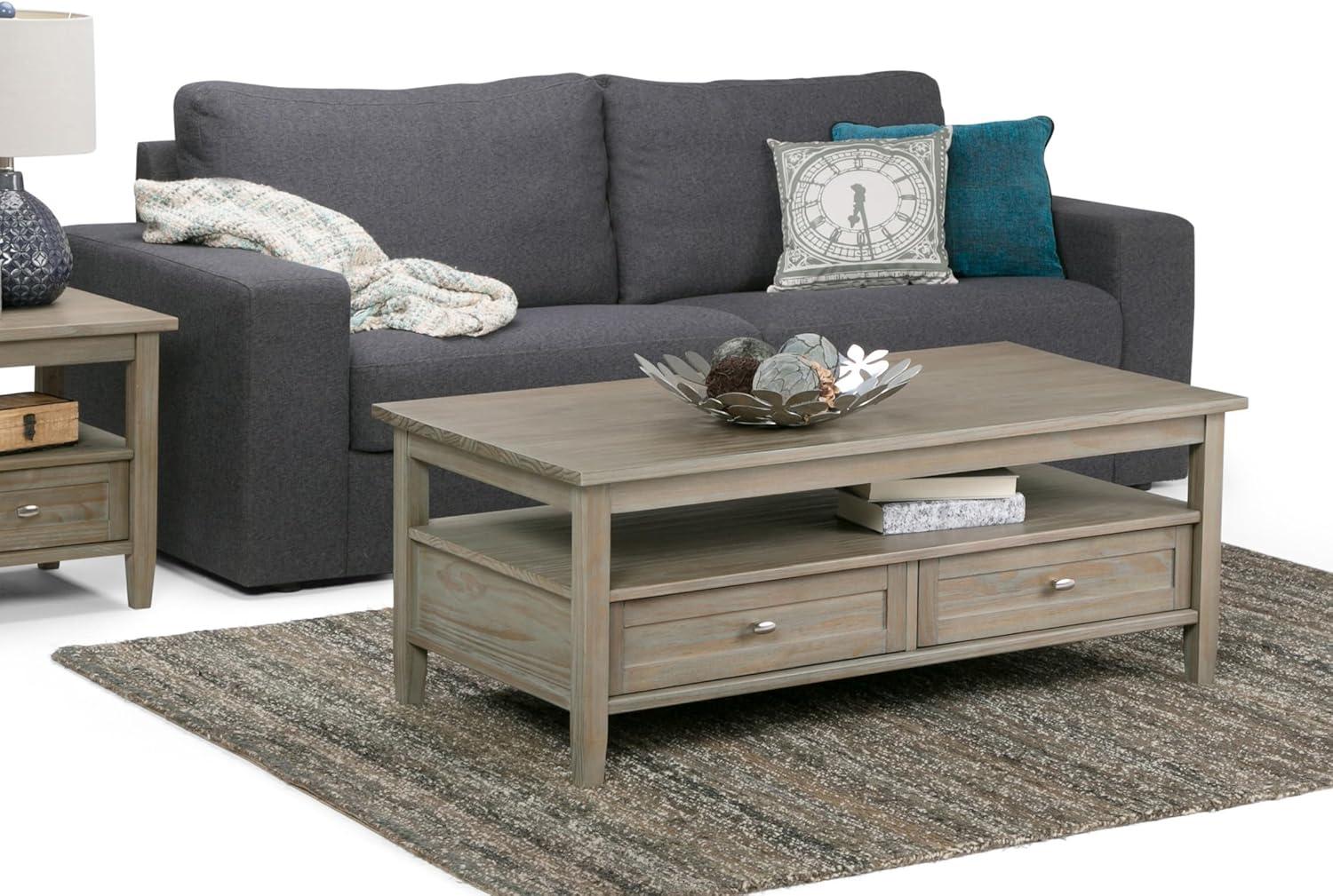 Simpli Home Warm Shaker 48"W Solid Wood Coffee Table with Two Storage Drawers and Open Shelf