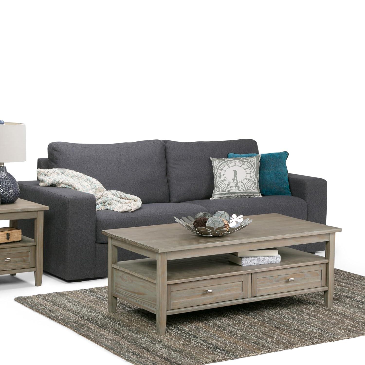Simpli Home Warm Shaker 48"W Solid Wood Coffee Table with Two Storage Drawers and Open Shelf