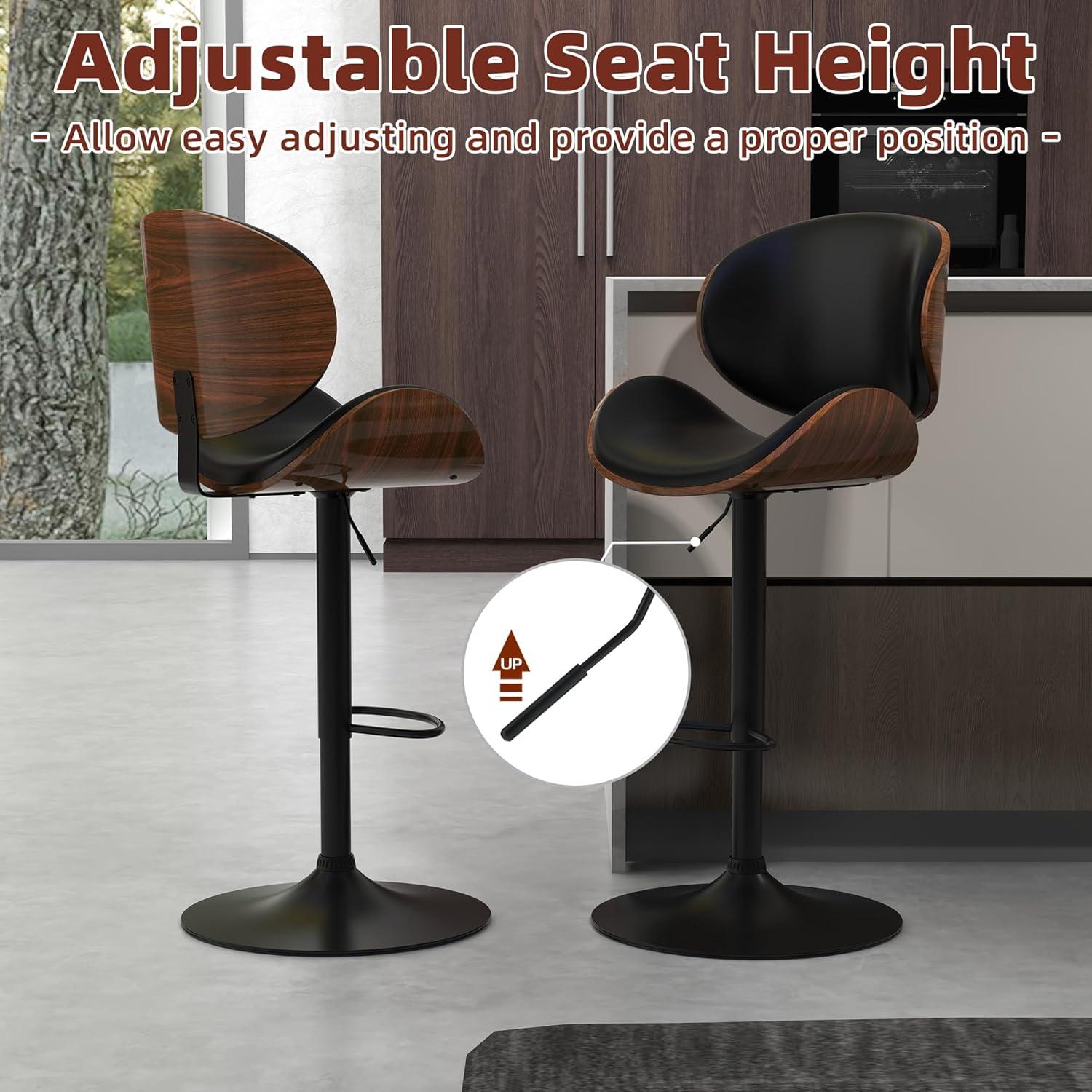 civama Bar Stools Set of 2 for Kitchen Counter, Adjustable Bar Height Chairs, Modern Swivel Barstools with Bentwood Seat and Back with Footrest, for Kitchen Island, Dining Room, Black PU Leather