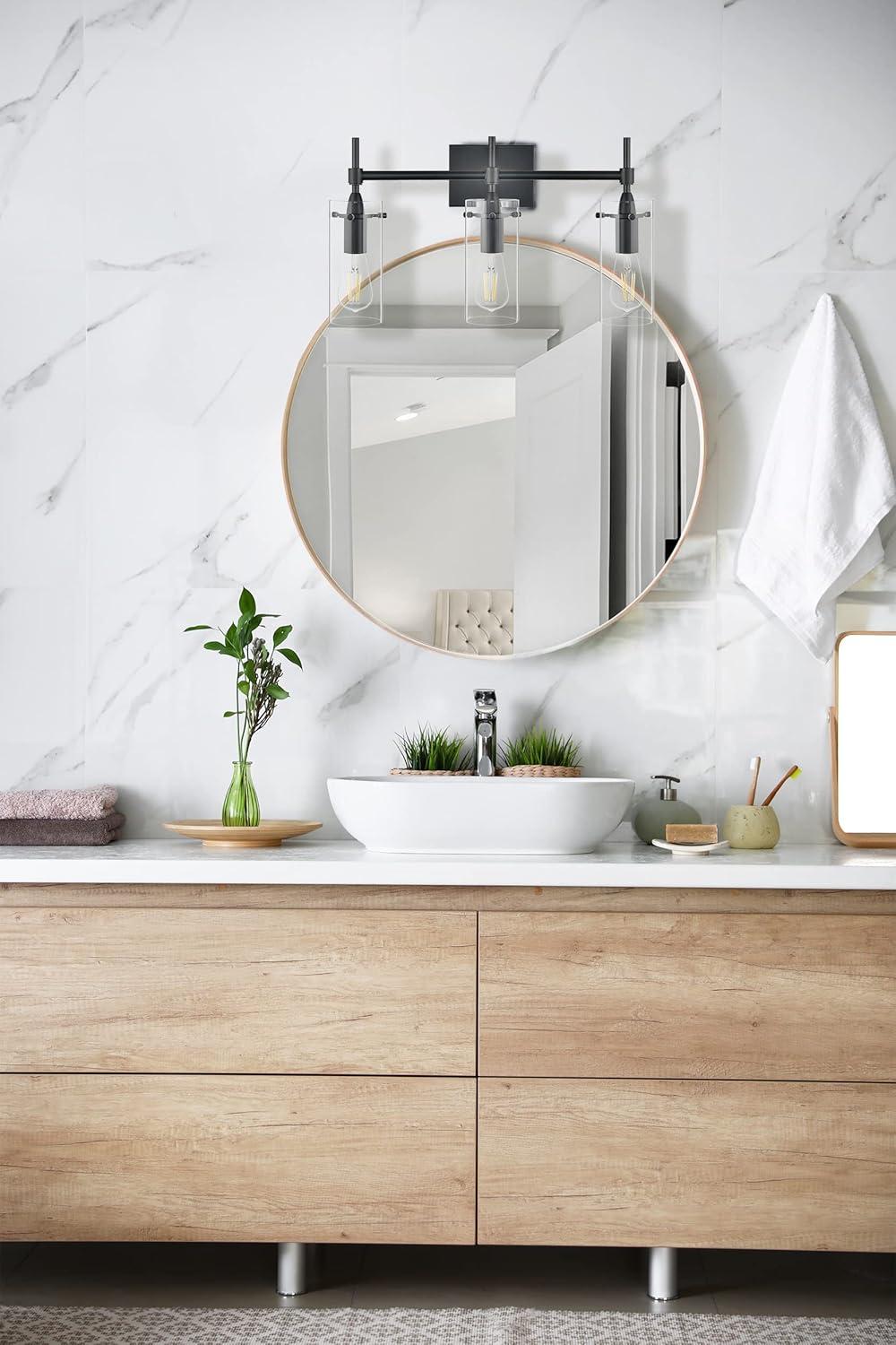 Linea di Liara Effimero Modern Farmhouse Bathroom Vanity Lights Fixtures 3 Lights Over Mirror Matte Black Vanity Lights for Bathroom Light Fixtures Industrial Lighting Frosted Glass Covers, UL Listed