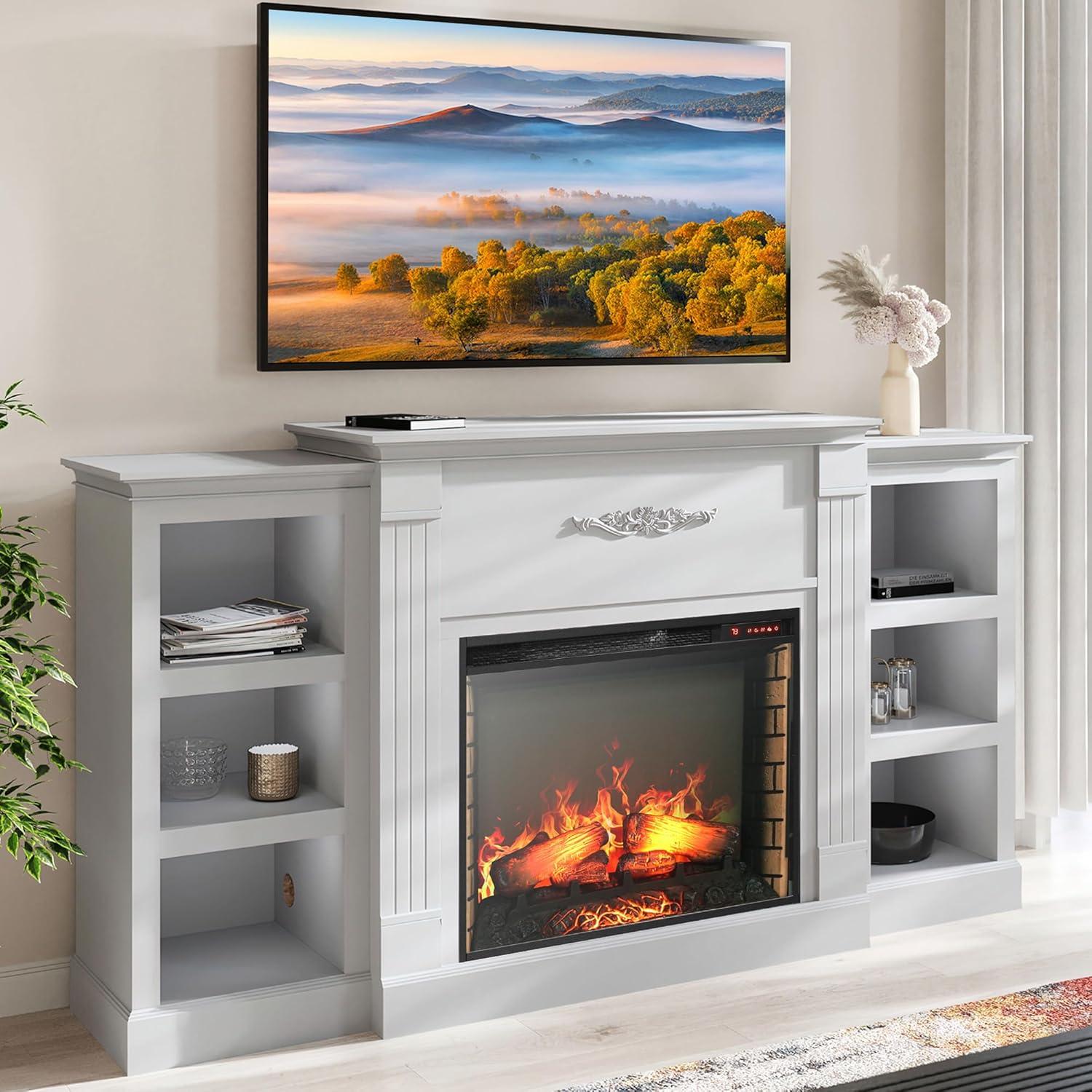 BELLEZE Modern 70" Electric Fireplace Heater Mantel TV Stand & Media Entertainment Center for TVs up to 68" with Energy-Efficient Heater with Sound and Side Book Shelves - Lenore (White)