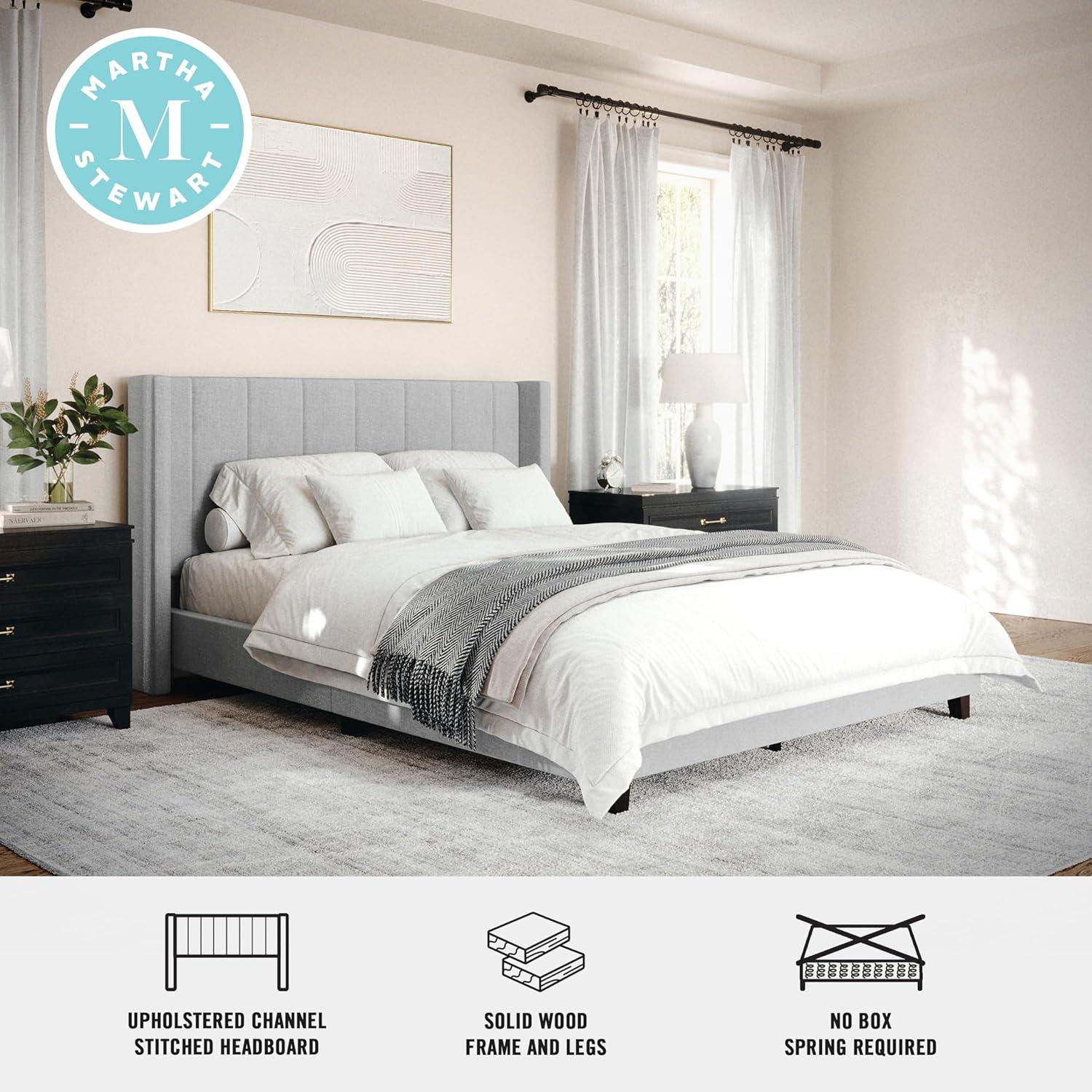 Martha Stewart Kay Upholstered Platform Bed With Channel Stitched Wingback Headboard