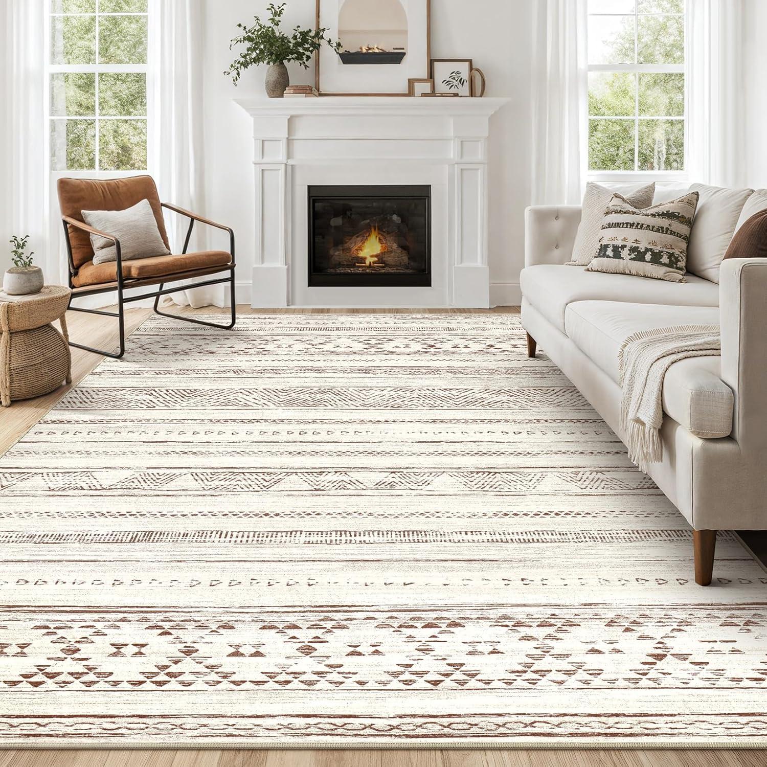 6x9 Area Rug Living Room Rugs - Washable Large Soft Neutral Boho Moroccan Bohemian Farmhouse Rug Indoor Floor Carpet for Bedroom Under Dining Table Home Office Decor - Cream Brown